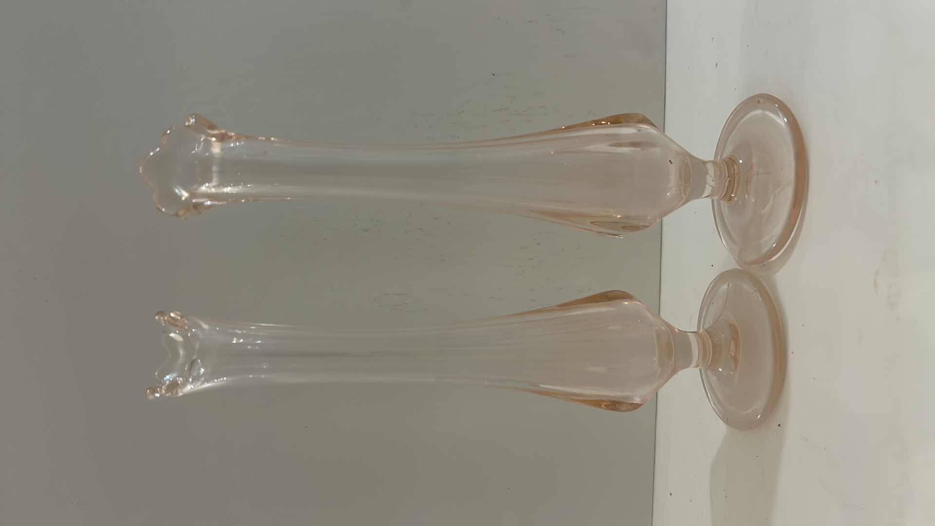 Photo 2 of DEPRESSION GLASS PALE PINK BUD VASES H 8”