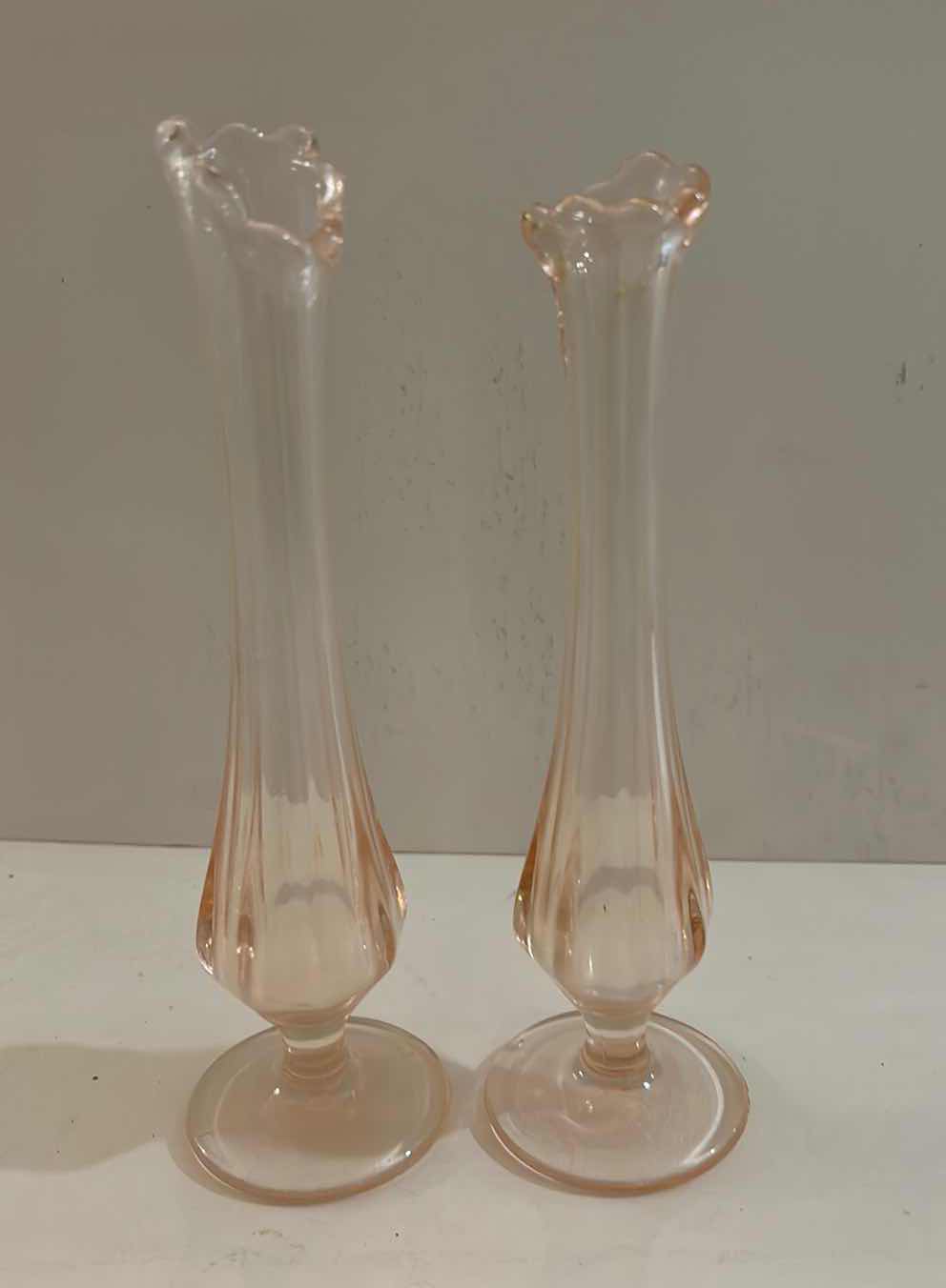 Photo 5 of DEPRESSION GLASS PALE PINK BUD VASES H 8”