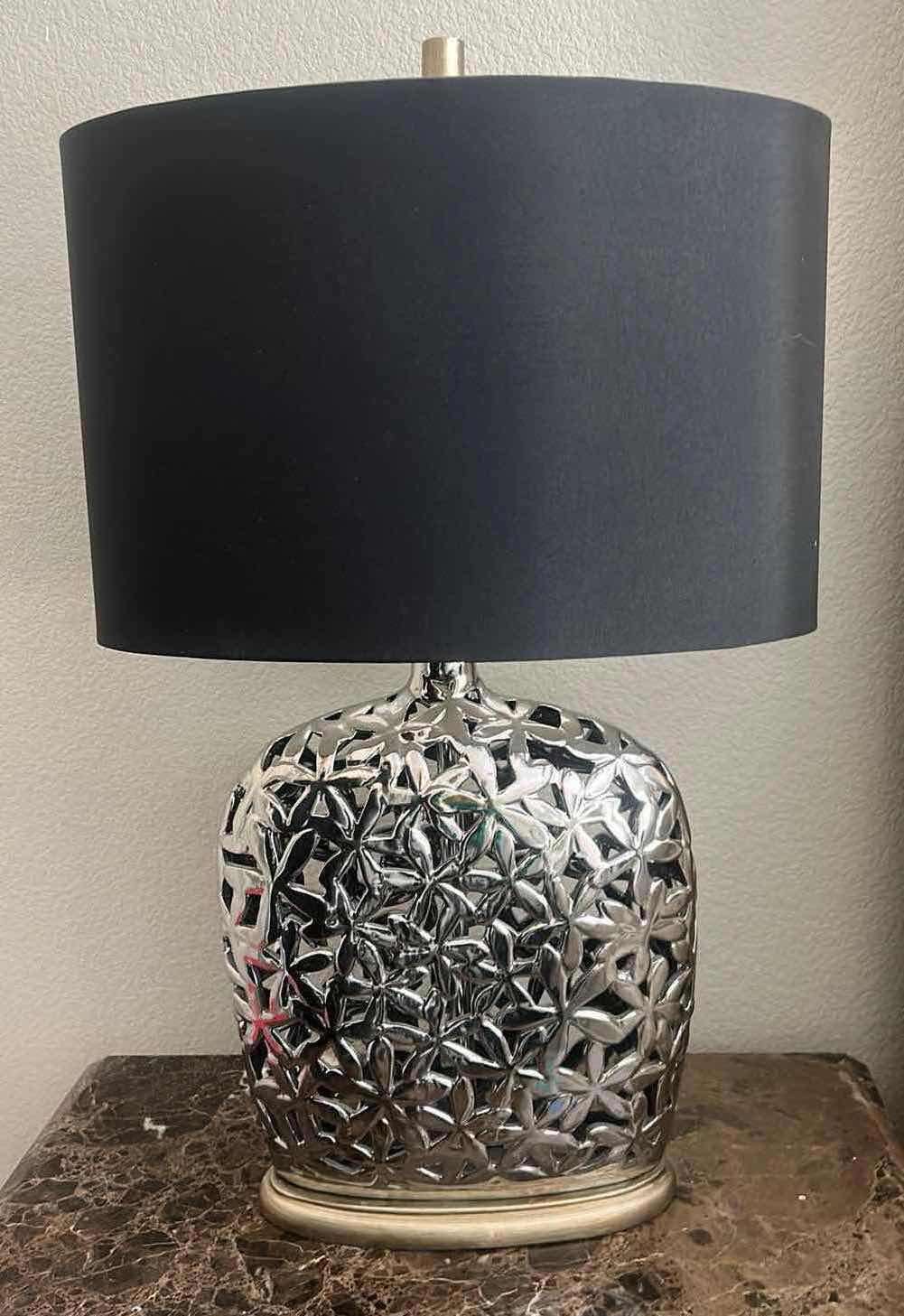 Photo 4 of 2 SILVER SCULPTED TABLE LAMPS WITH BKACK SHADES H30”