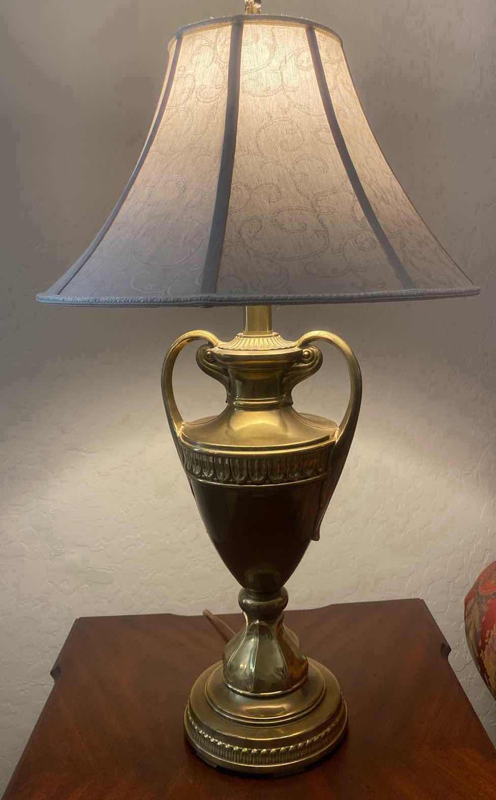 Photo 1 of HEAVY BRASS URN TABLE LAMP WITH FABRIC SHADE H 32”