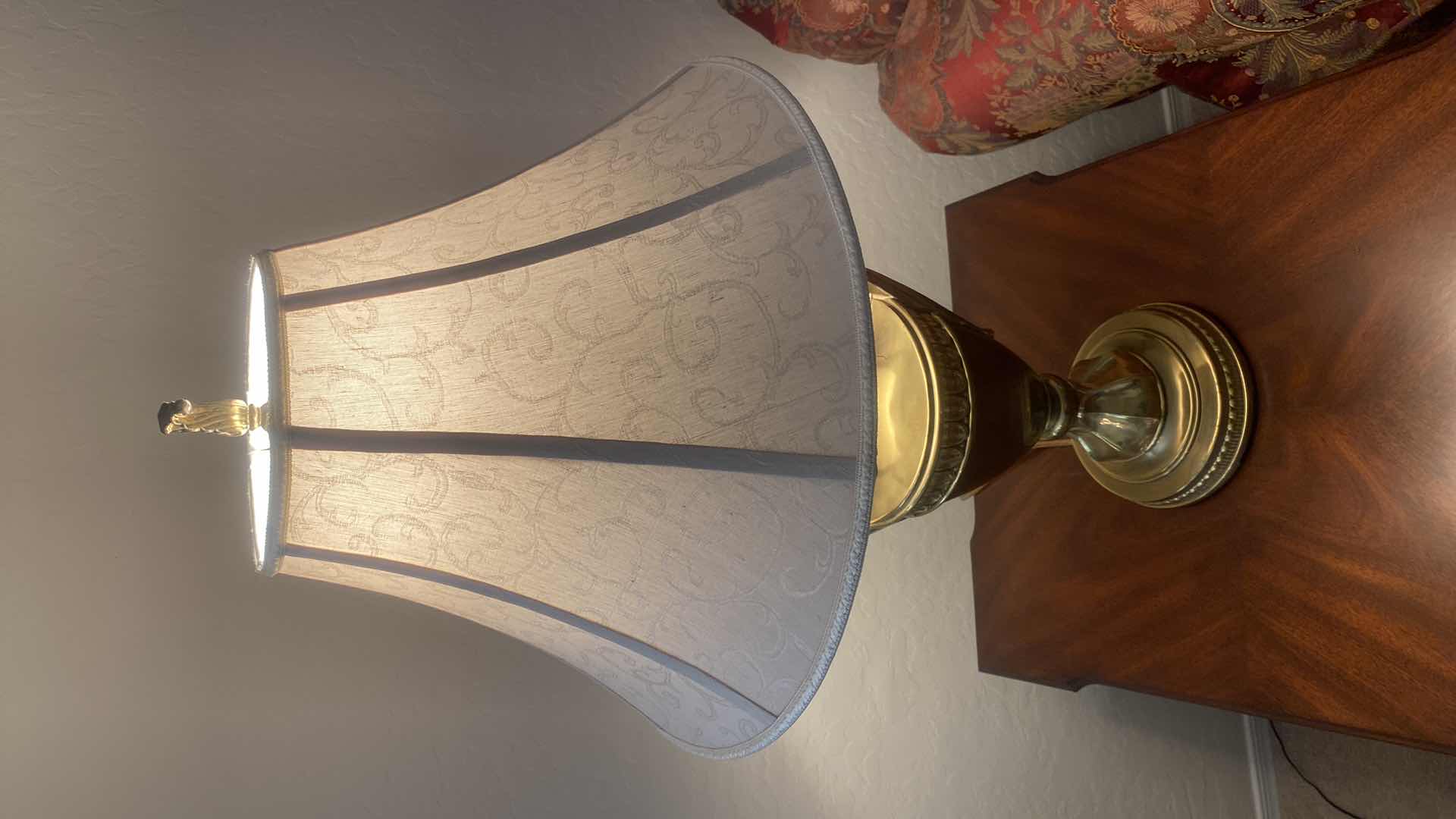 Photo 2 of HEAVY BRASS URN TABLE LAMP WITH FABRIC SHADE H 32”