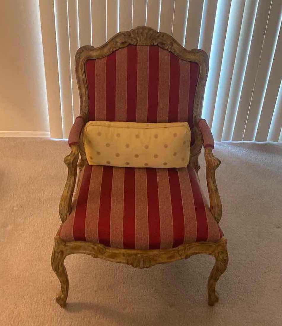 Photo 1 of FRENCH PROVINCIAL WOOD WITH RED & GOLD STRIPED FABRIC OCCASIONAL CHAIR