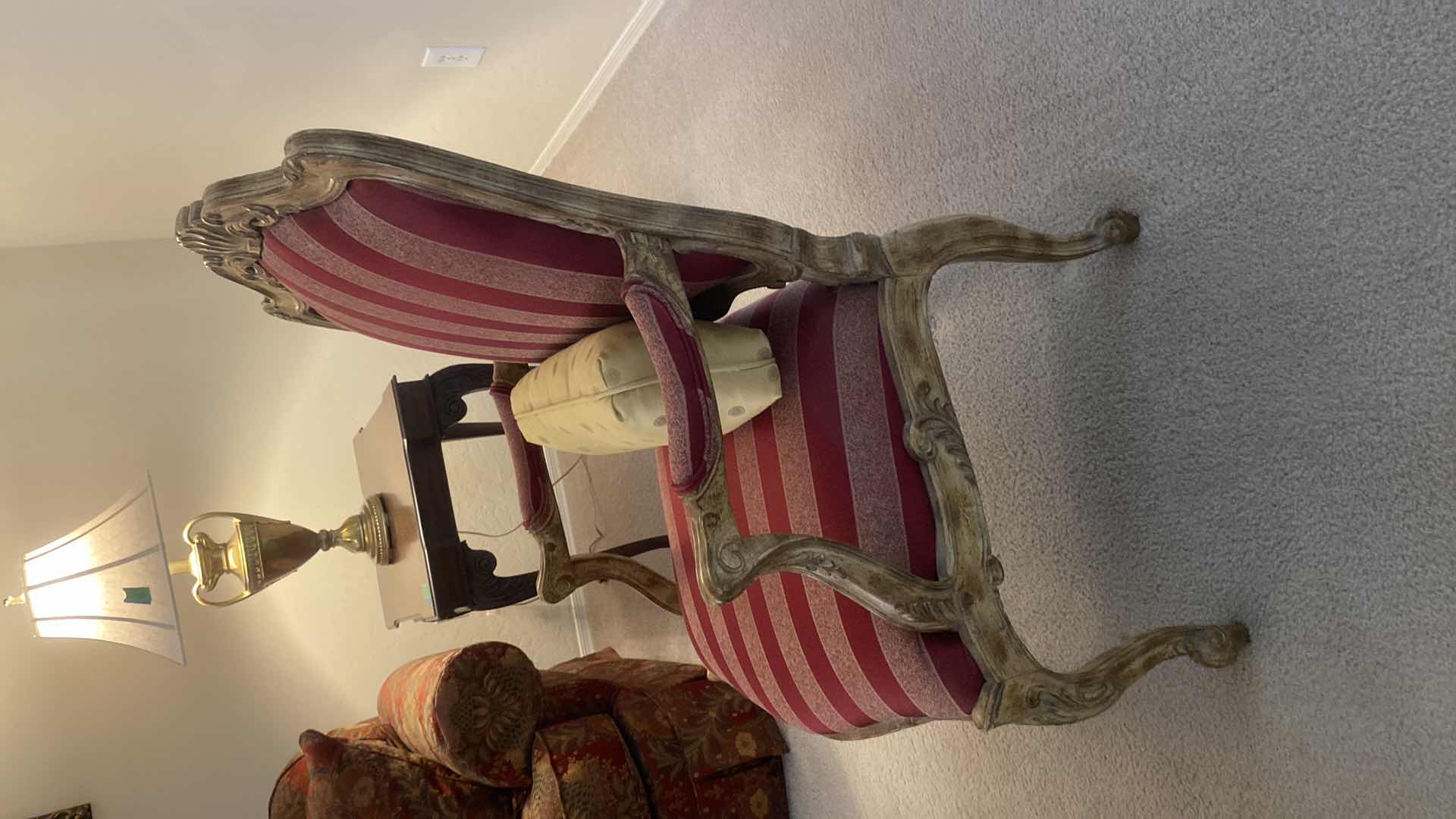 Photo 2 of FRENCH PROVINCIAL WOOD WITH RED & GOLD STRIPED FABRIC OCCASIONAL CHAIR