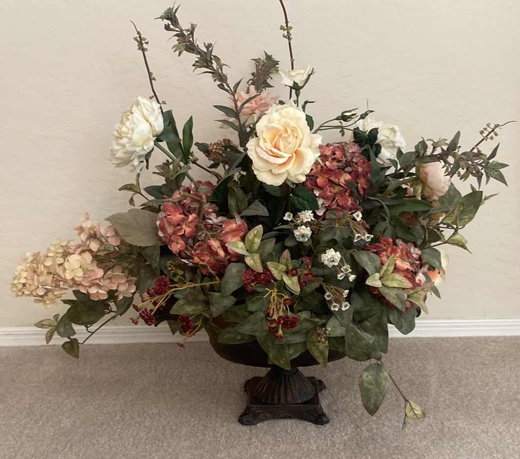 Photo 1 of FAUX FLORAL ARRANGEMENT IN METAL URN 29” x 25”