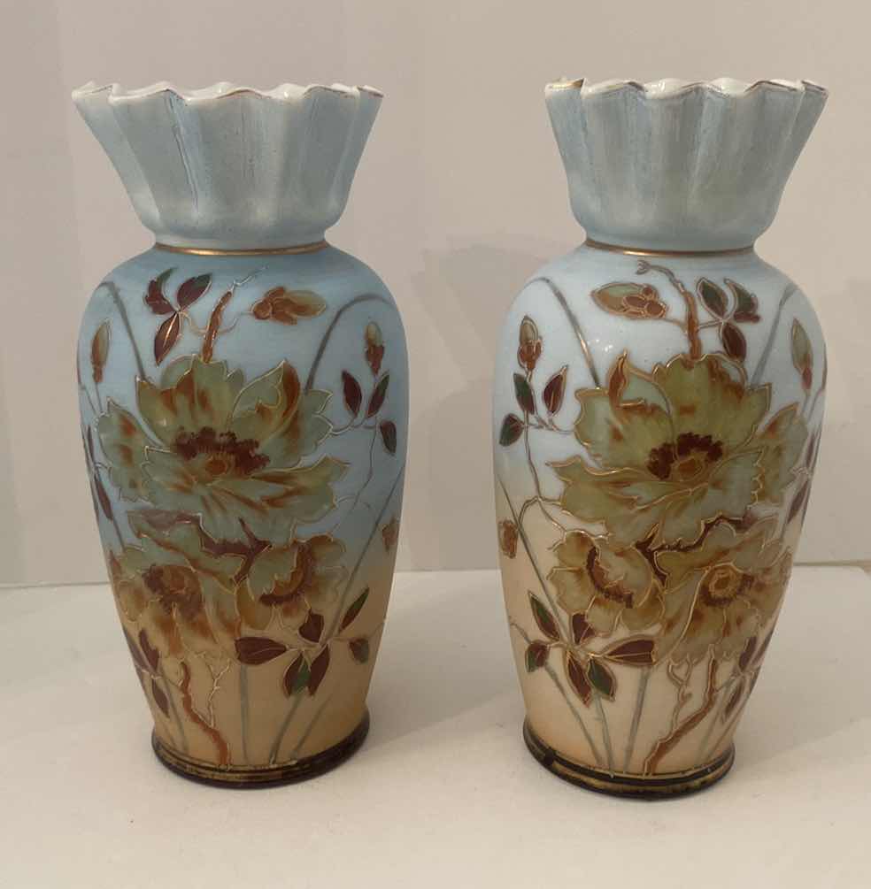 Photo 1 of Pair of Antique Hand Painted Floral Bristol Glass Vase - 12 1/2”