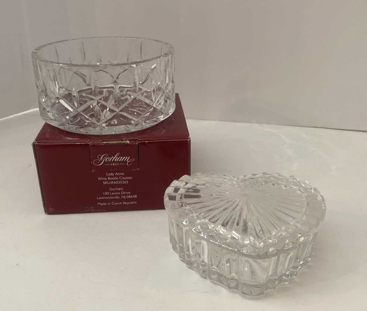 Photo 1 of GORHAM CRYSTAL LADY ANNE WINE COASTERS & UNMARKED HEART BOX WITH LID