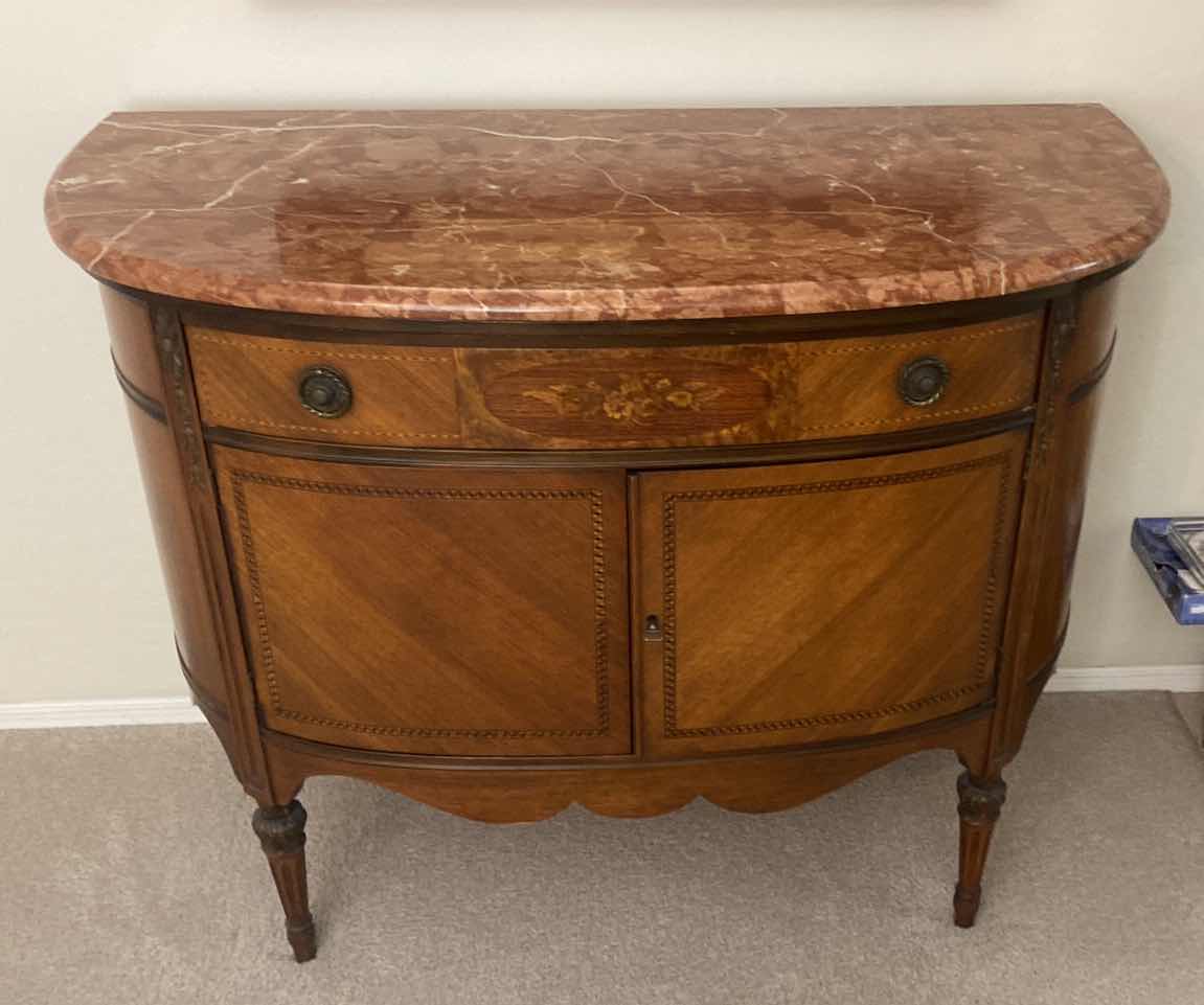 Photo 1 of ANTIQUE SIDEBOARD WITH FLORAL INLAY AND MARBLE TOP 45” x 21” x 36”