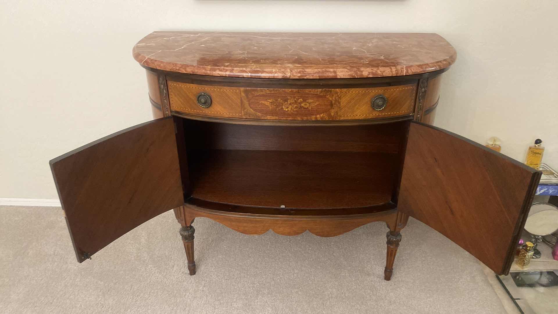 Photo 4 of ANTIQUE SIDEBOARD WITH FLORAL INLAY AND MARBLE TOP 45” x 21” x 36”