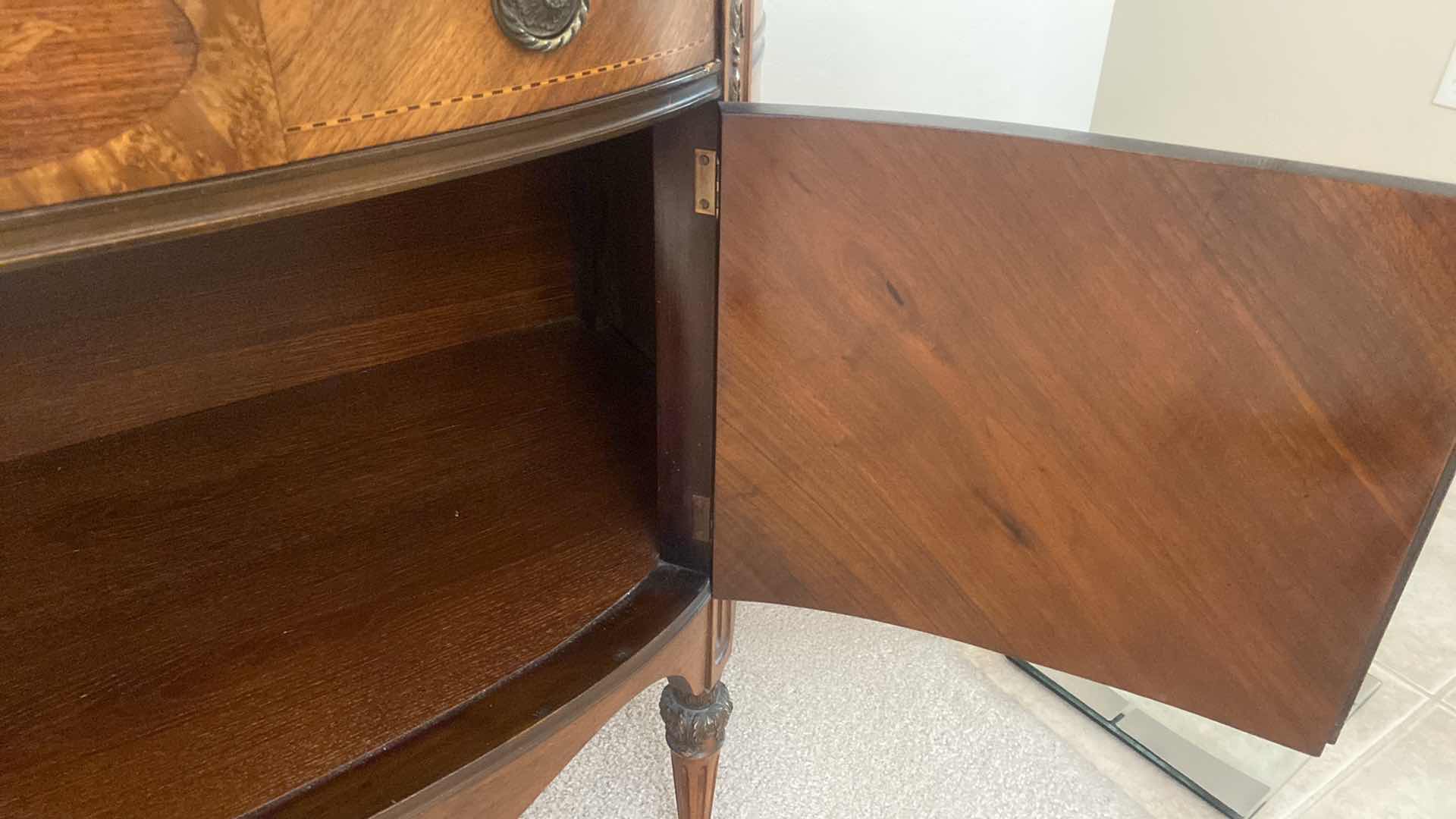 Photo 7 of ANTIQUE SIDEBOARD WITH FLORAL INLAY AND MARBLE TOP 45” x 21” x 36”