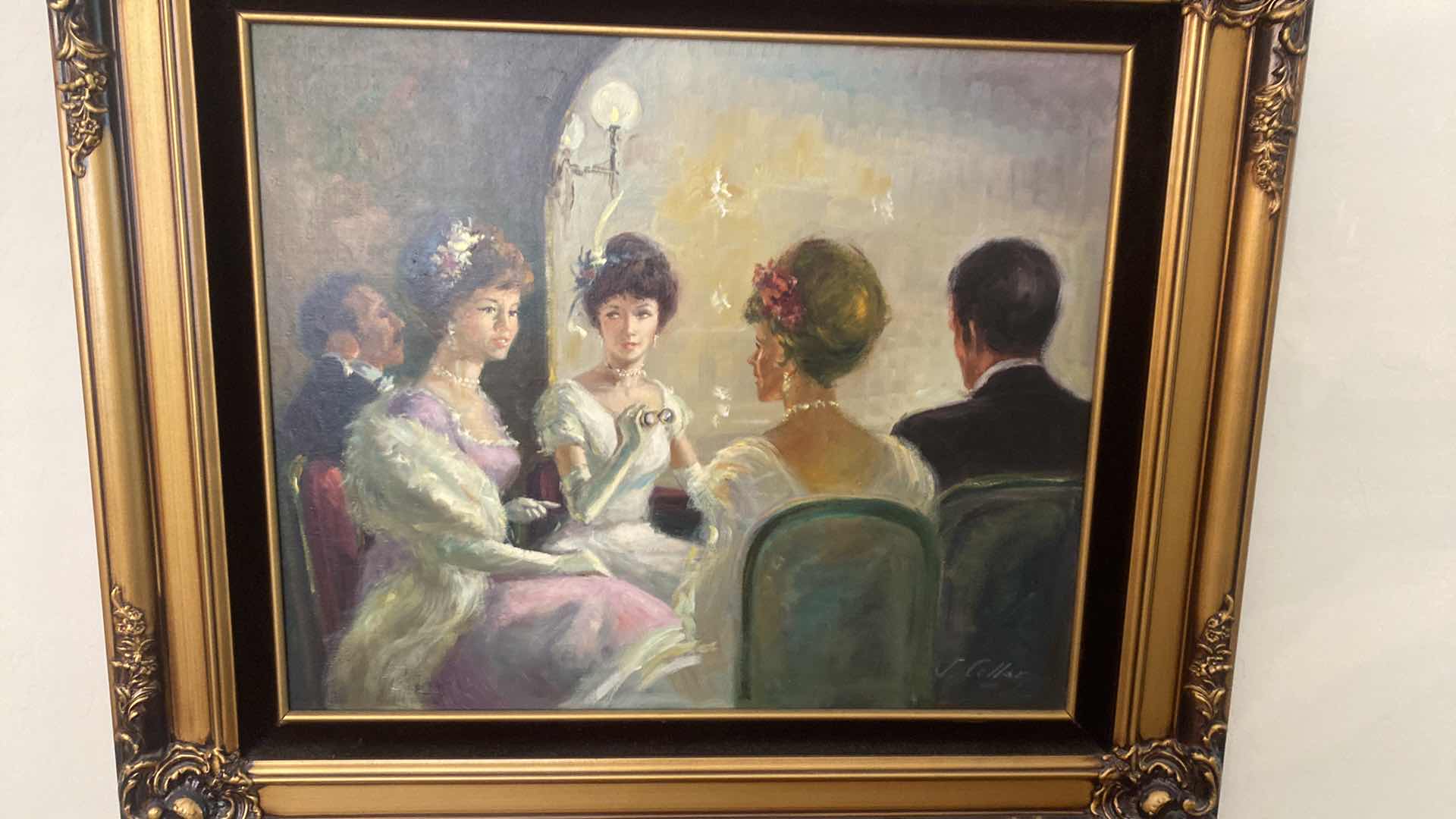 Photo 2 of FRAMED J. COLLAR 20th CENTURY IMPRESSIONIST OIL PAINTING OPERA SCENE ON CANVAS ARTWORK UNFRAMED MEASURES 24" X 20", FRAMED 32 1/2” x 28 1/2” ESTIMATED VALUE FROM JUNE 1983 FOR $475