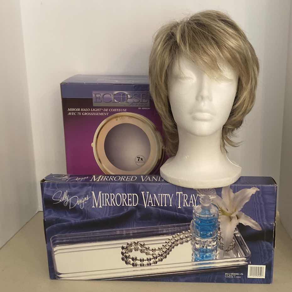 Photo 1 of LADIES BLONDE WIG, MAKEUP MIRROR AND VANITY TRAY