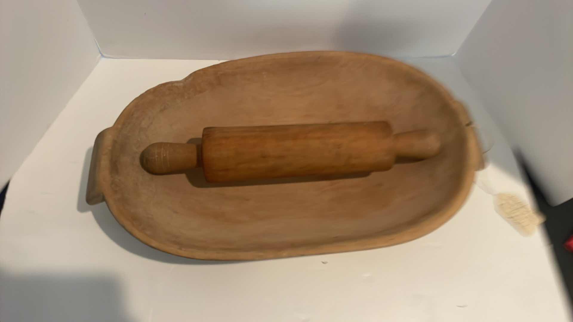 Photo 2 of ANTIQUE HANDMADE MAPLE DOUGH BOWL 20” AND ROLLING PIN 15”