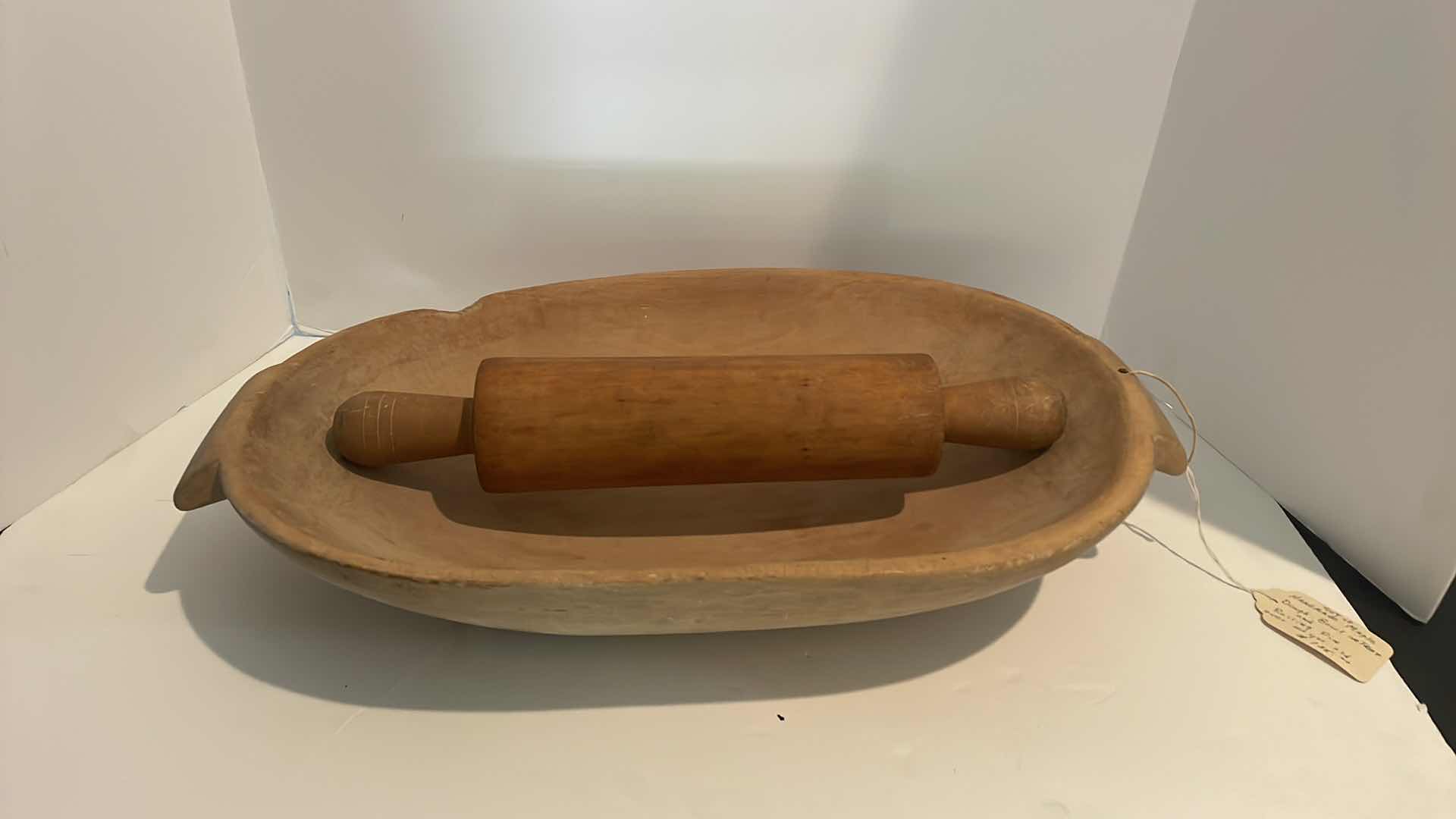 Photo 1 of ANTIQUE HANDMADE MAPLE DOUGH BOWL 20” AND ROLLING PIN 15”