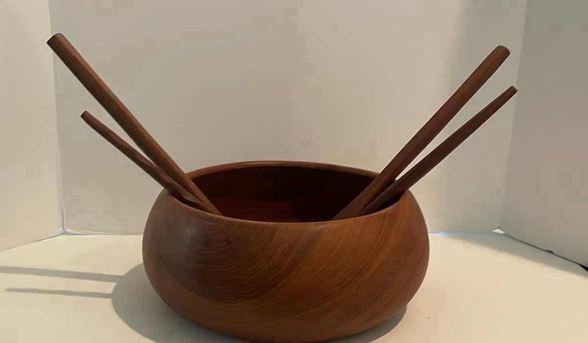 Photo 1 of HAND CARVED TEAK WOODEN SALAD BOWL WITH UTENSILS 12”