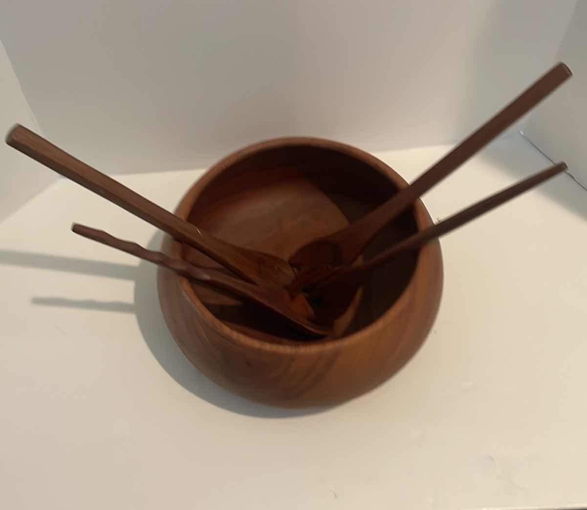 Photo 2 of HAND CARVED TEAK WOODEN SALAD BOWL WITH UTENSILS 12”