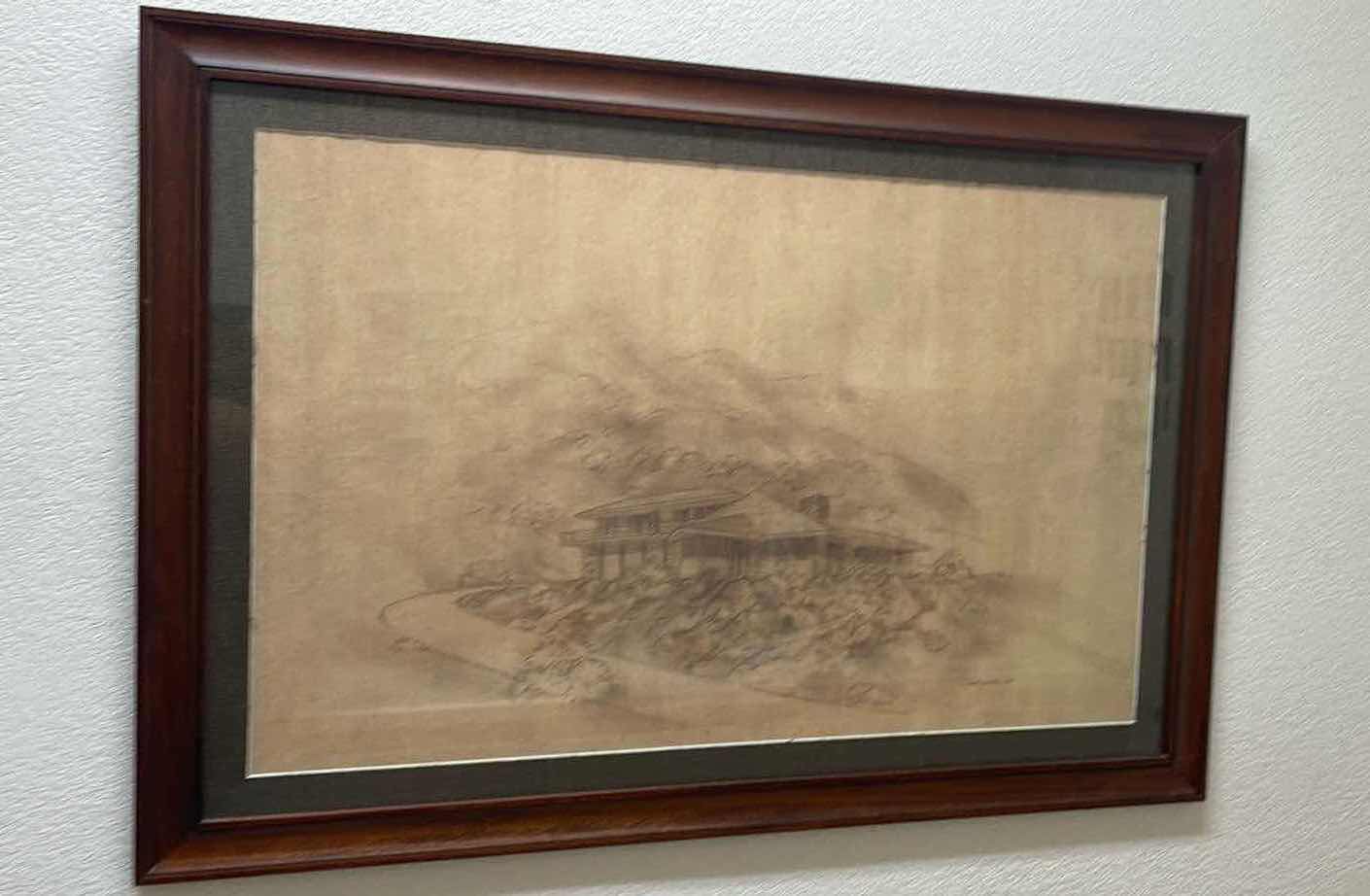 Photo 1 of FRAMED SIGNED DAVE CAMPBELL DRAWING ASIAN ARCHITECTURE ARTWORK 39”x28”