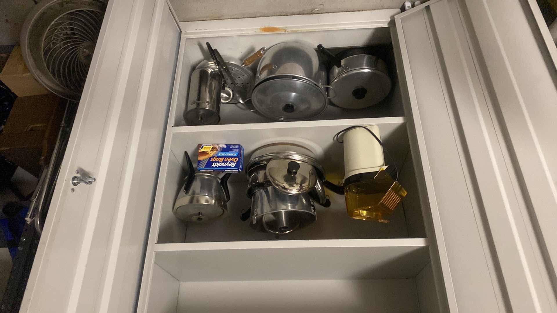 Photo 3 of CONTENTS OF TWO SHELVES IN GARAGE - POTS & PANS