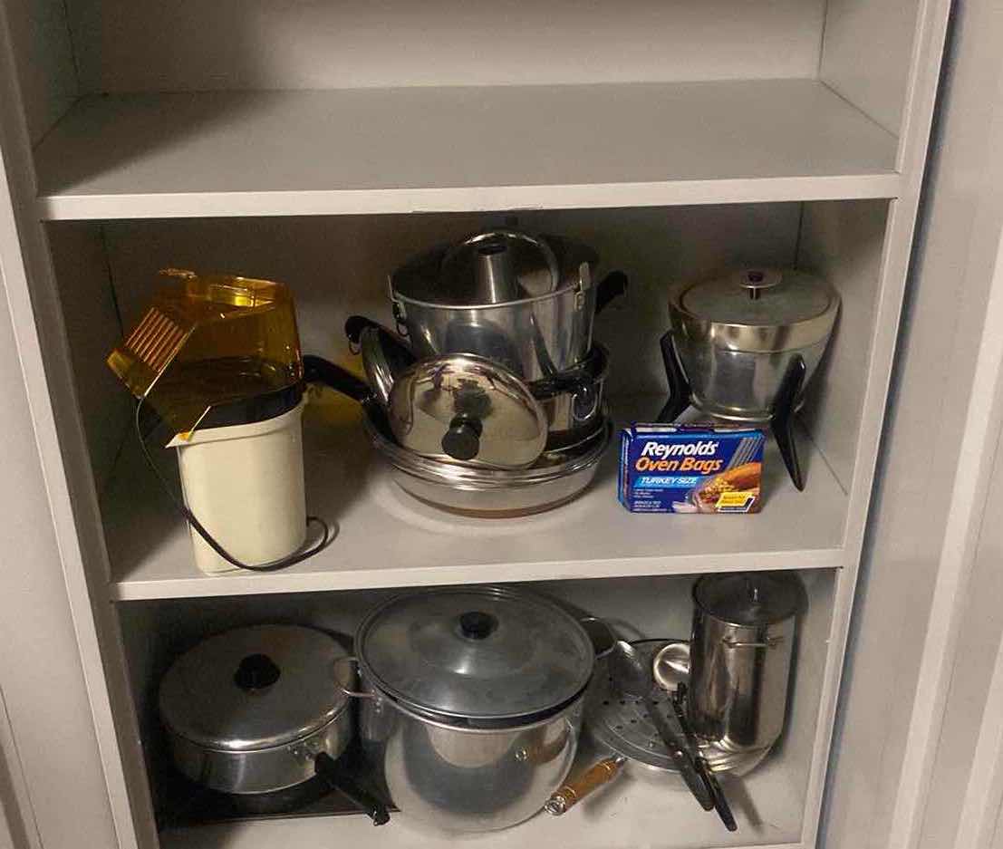 Photo 4 of CONTENTS OF TWO SHELVES IN GARAGE - POTS & PANS