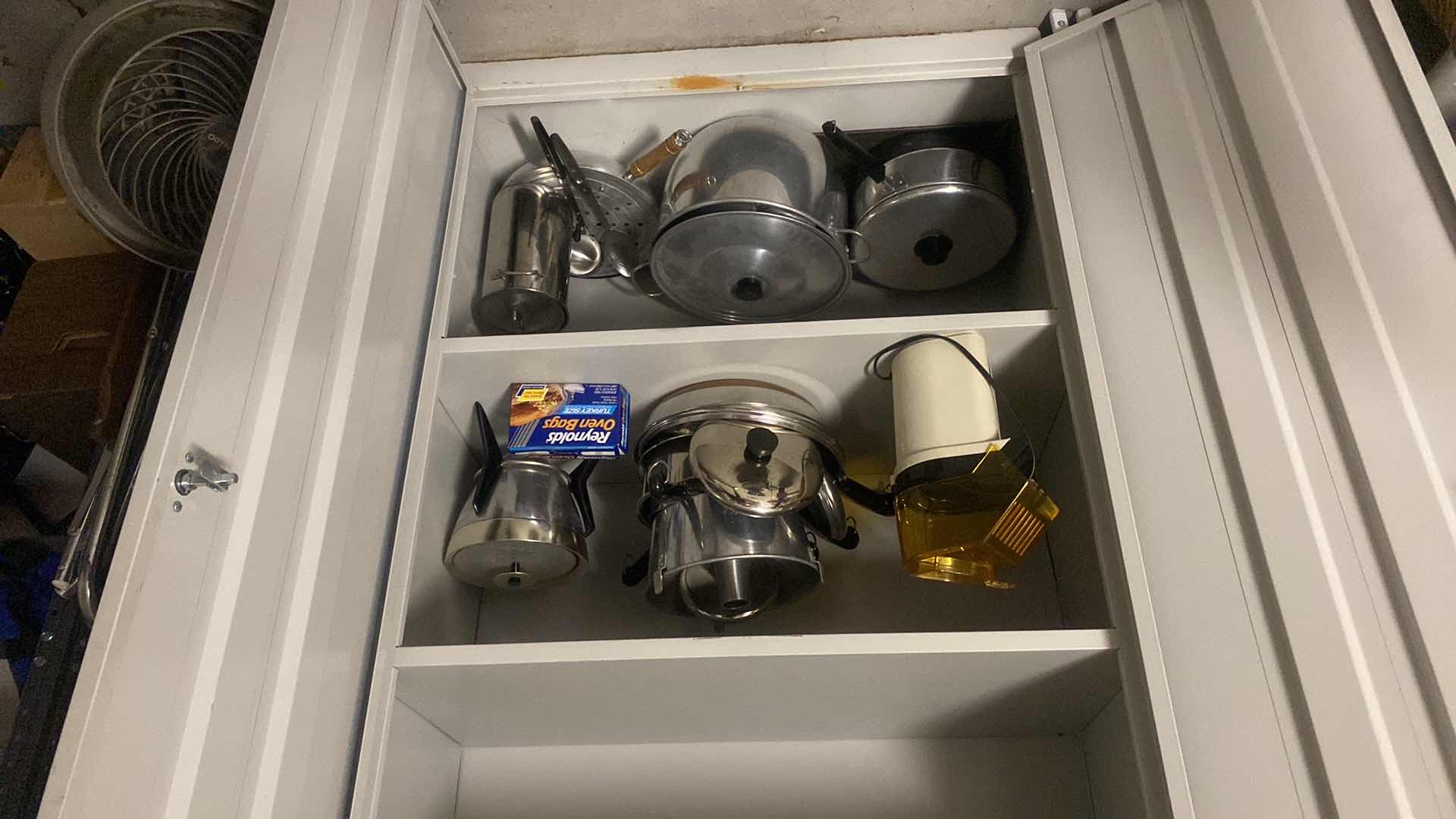 Photo 2 of CONTENTS OF TWO SHELVES IN GARAGE - POTS & PANS