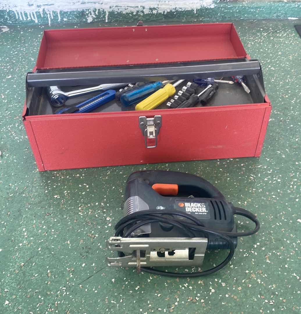 Photo 1 of METAL TOOL BOX WITH HAND TOOLS & BLACK & DECKER JIG SAW