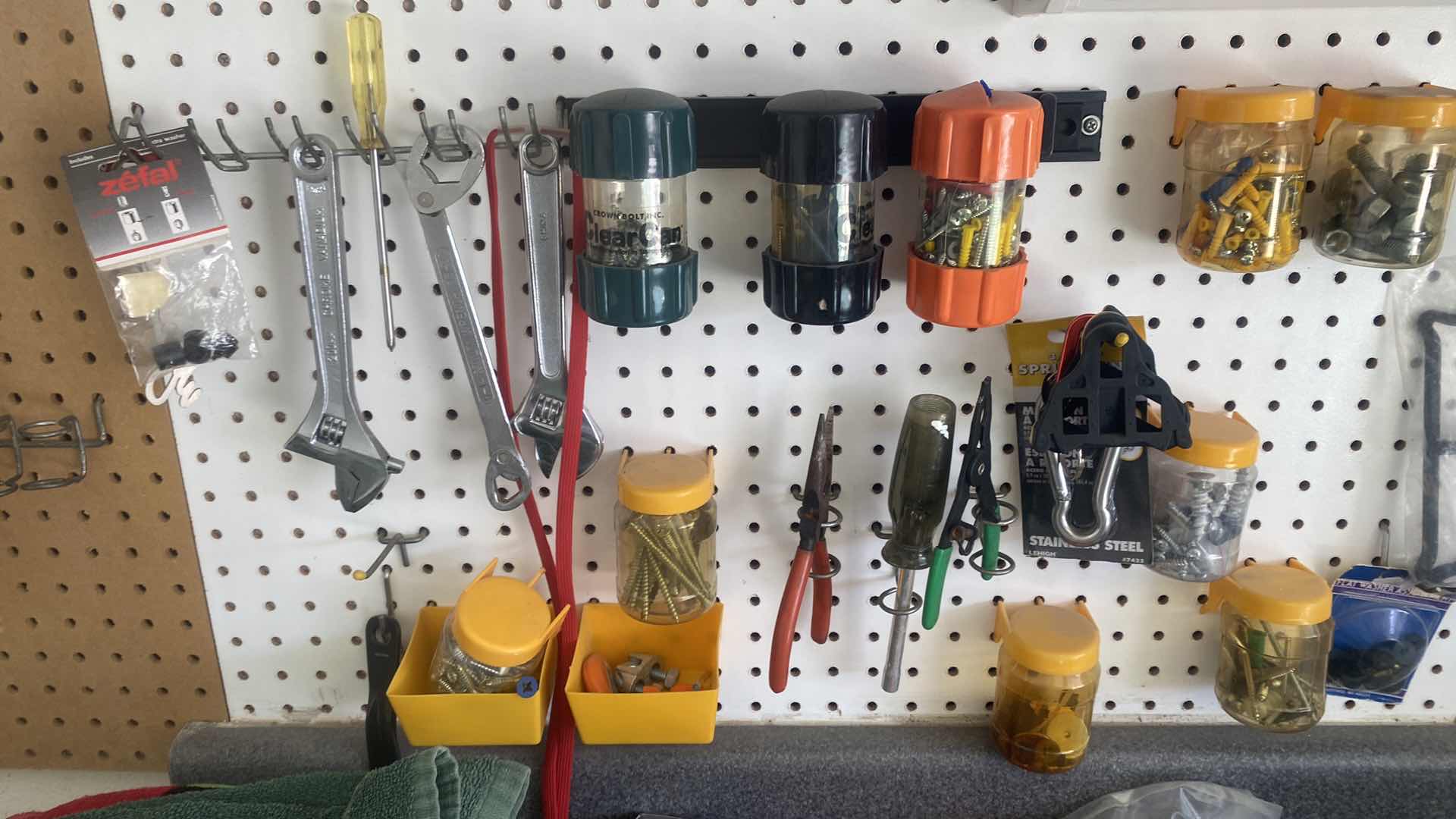 Photo 2 of GARAGE HAND TOOLS & HARDWARE ON PEG BOARD, HOOKS INCLUDED (pegboard not included)