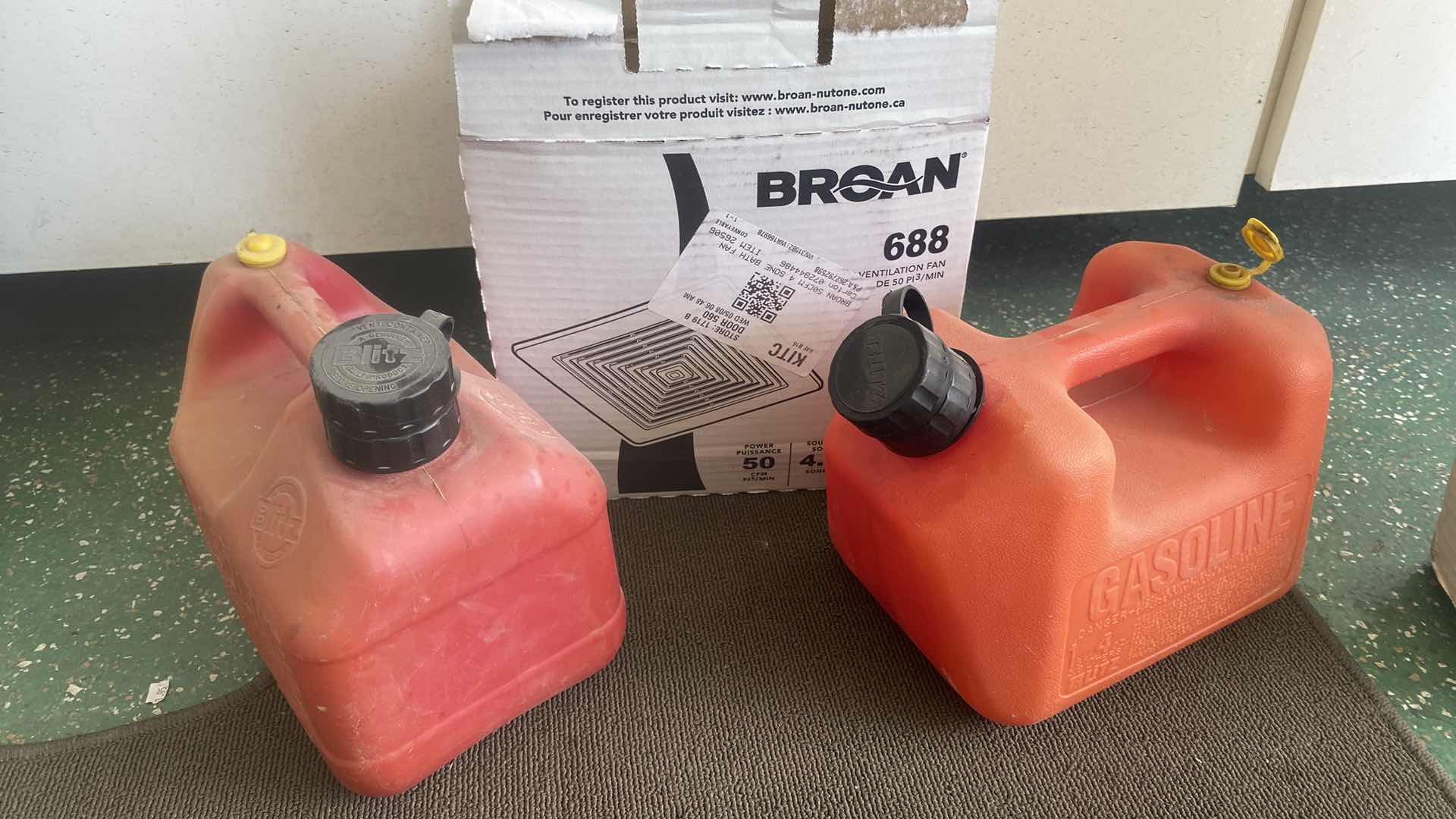 Photo 1 of BROAN VENTILATION FAN & 2 1 gal 4 oz GAS CANS