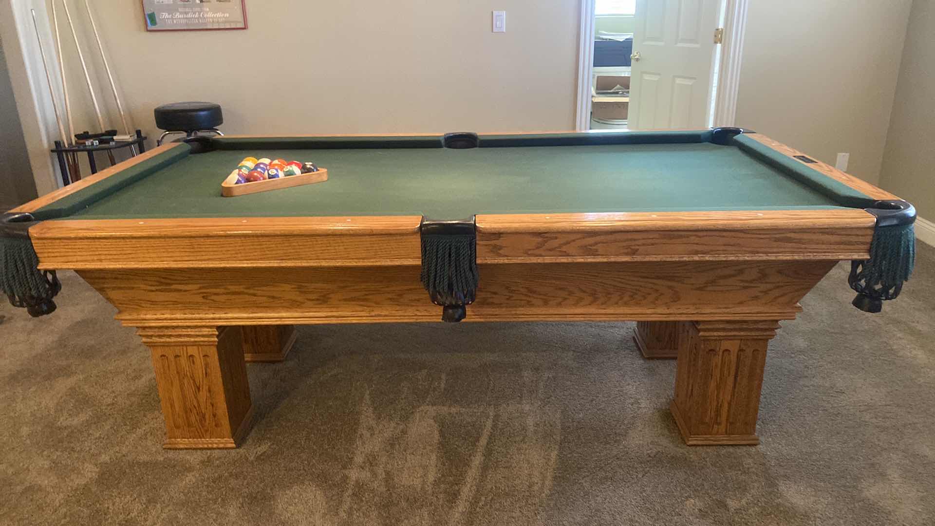 Photo 1 of CUSTOM GOLDEN WEST BILLIARDS MFG. BELLINGTON SOLID OAK POOL TABLE WITH BALLS & RACK 88 1/4” x 49“ H 31”