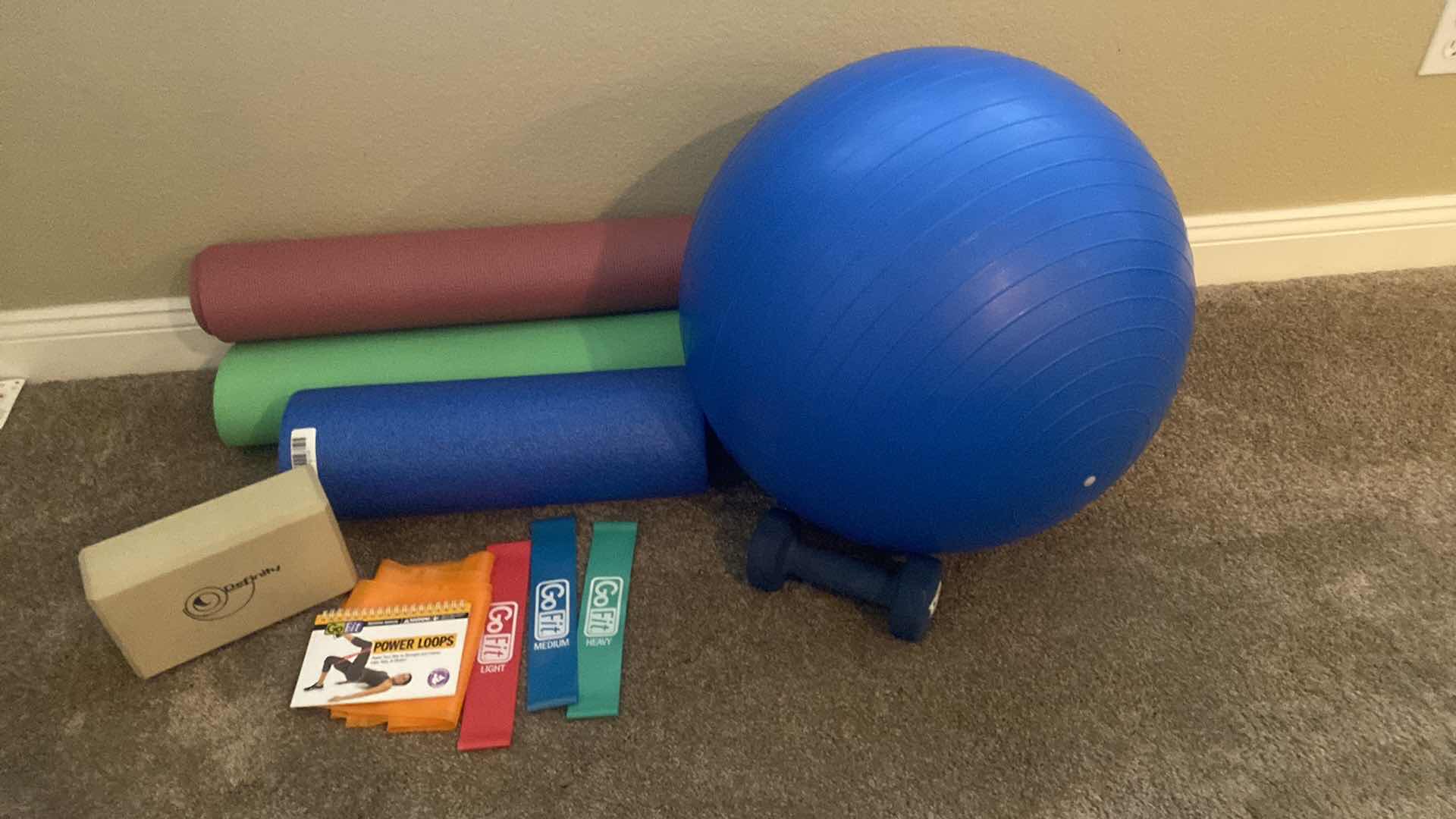 Photo 2 of FITNESS - 2 FLOOR MATS, FOAM ROLLER, BLOCK,POWER LOOPS & BALL