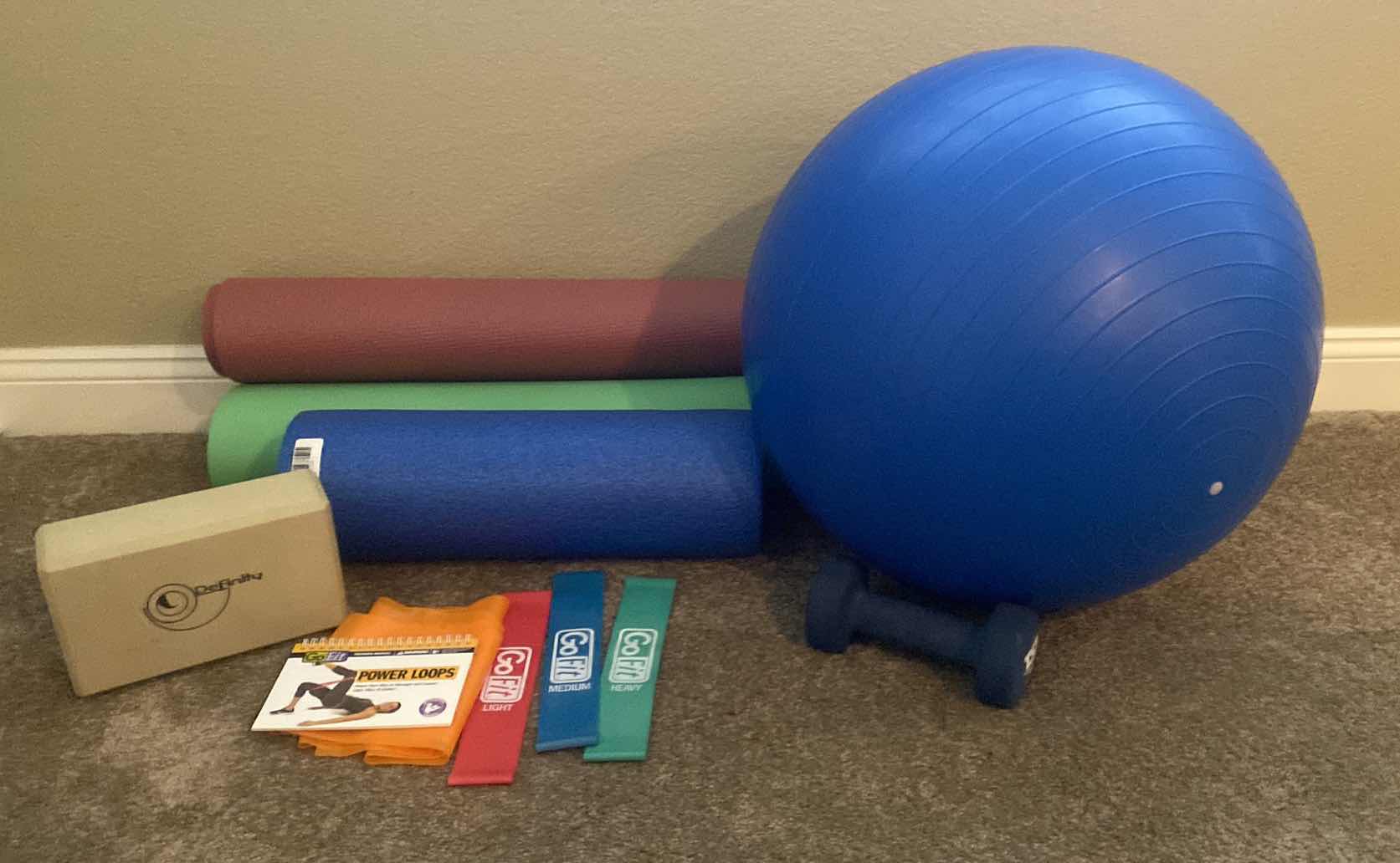 Photo 1 of FITNESS - 2 FLOOR MATS, FOAM ROLLER, BLOCK,POWER LOOPS & BALL