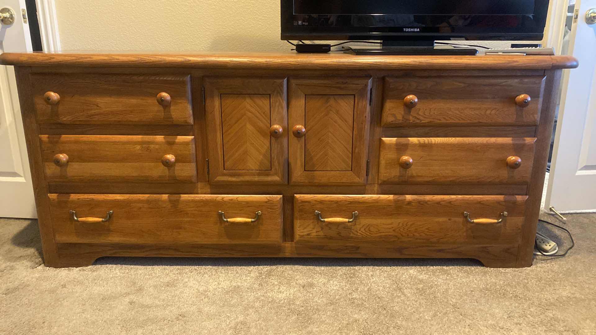 Photo 1 of HEAVY OAK 8 DRAWER DRESSER 75” x 20 1/2” H30 1/2”