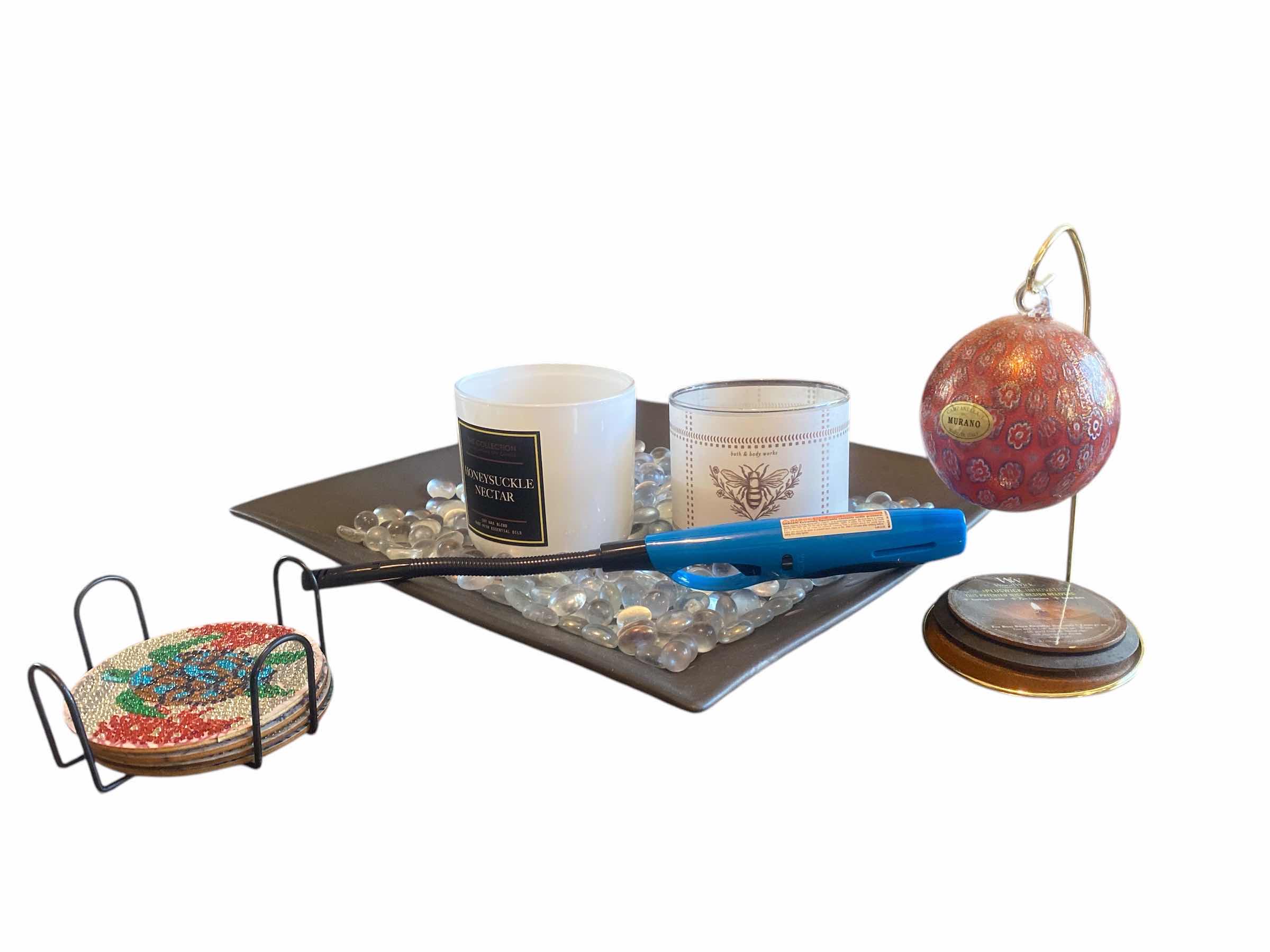 Photo 1 of TRAY WITH CANDLES  LIGHTER COASTERS & HANGING BALL  TRAY 13” x 13”