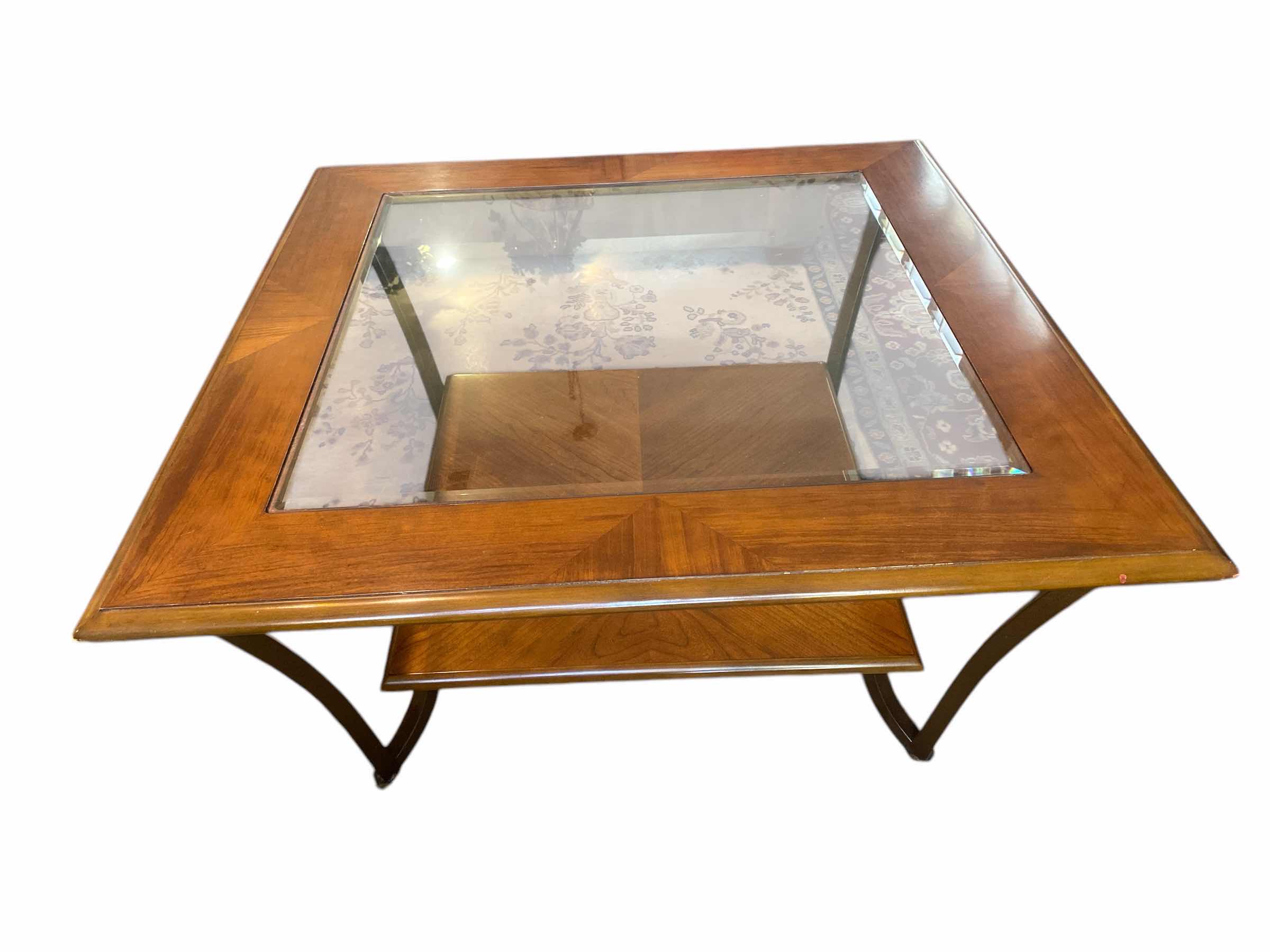 Photo 1 of SQUARE WOOD WITH BEVELED GLASS TOP COCKTAIL TABLE 40” x 40” H18 1/2”