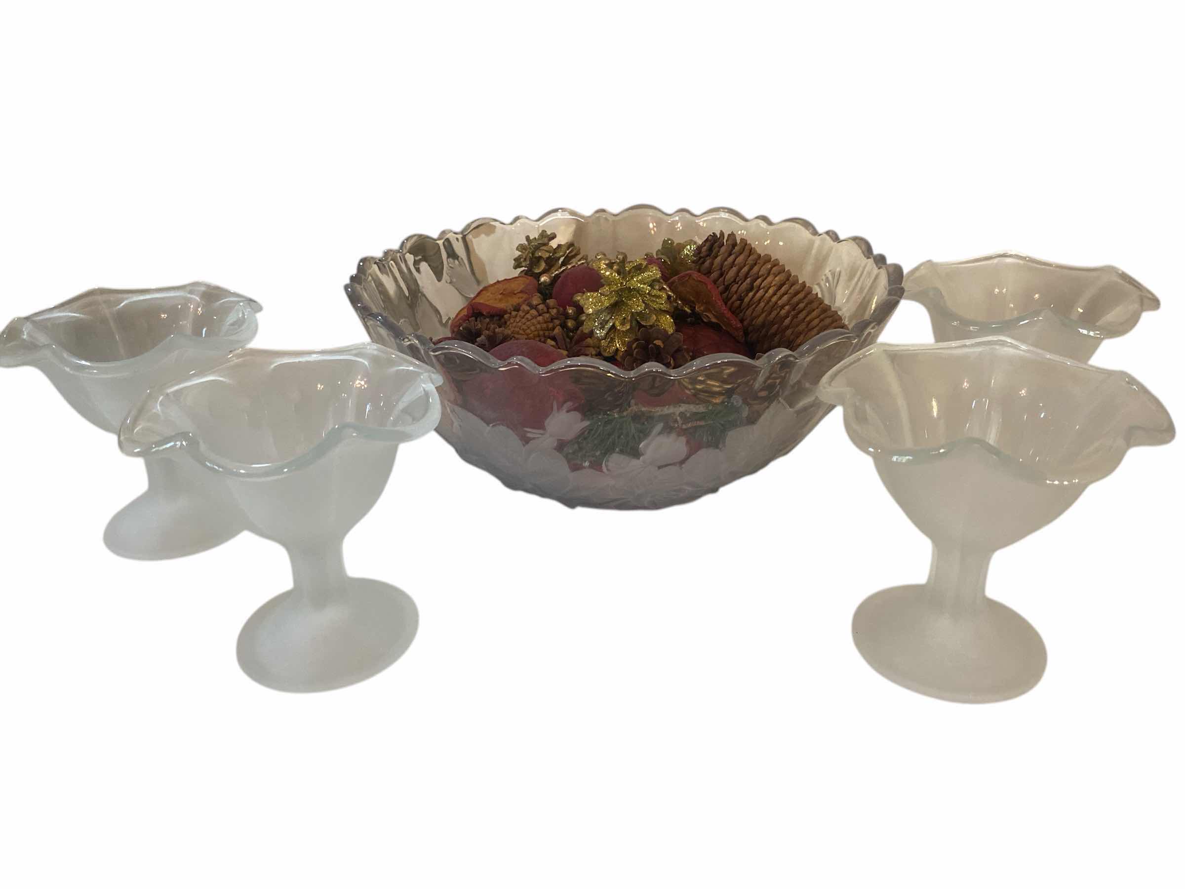 Photo 1 of GLASS BOWL 12” WITH POTPOURRI & 4 FROSTED GLASS DESSERT GLASSES