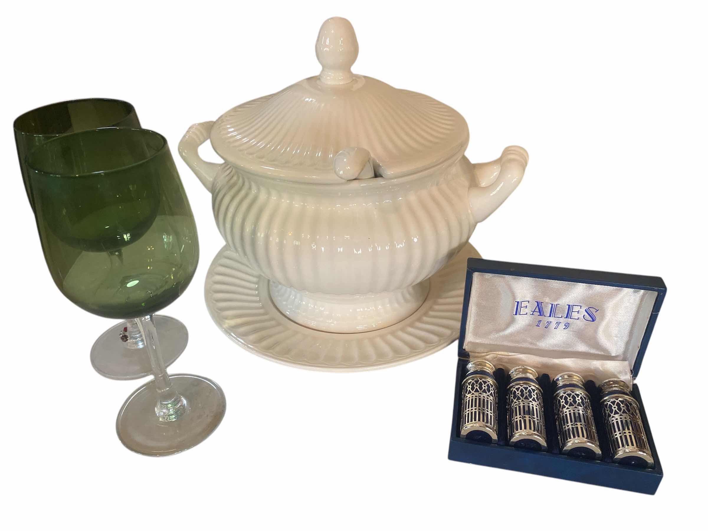 Photo 1 of SOUP TUREEN 2 WINE GLASSES & SALT PEPPER SHAKERS