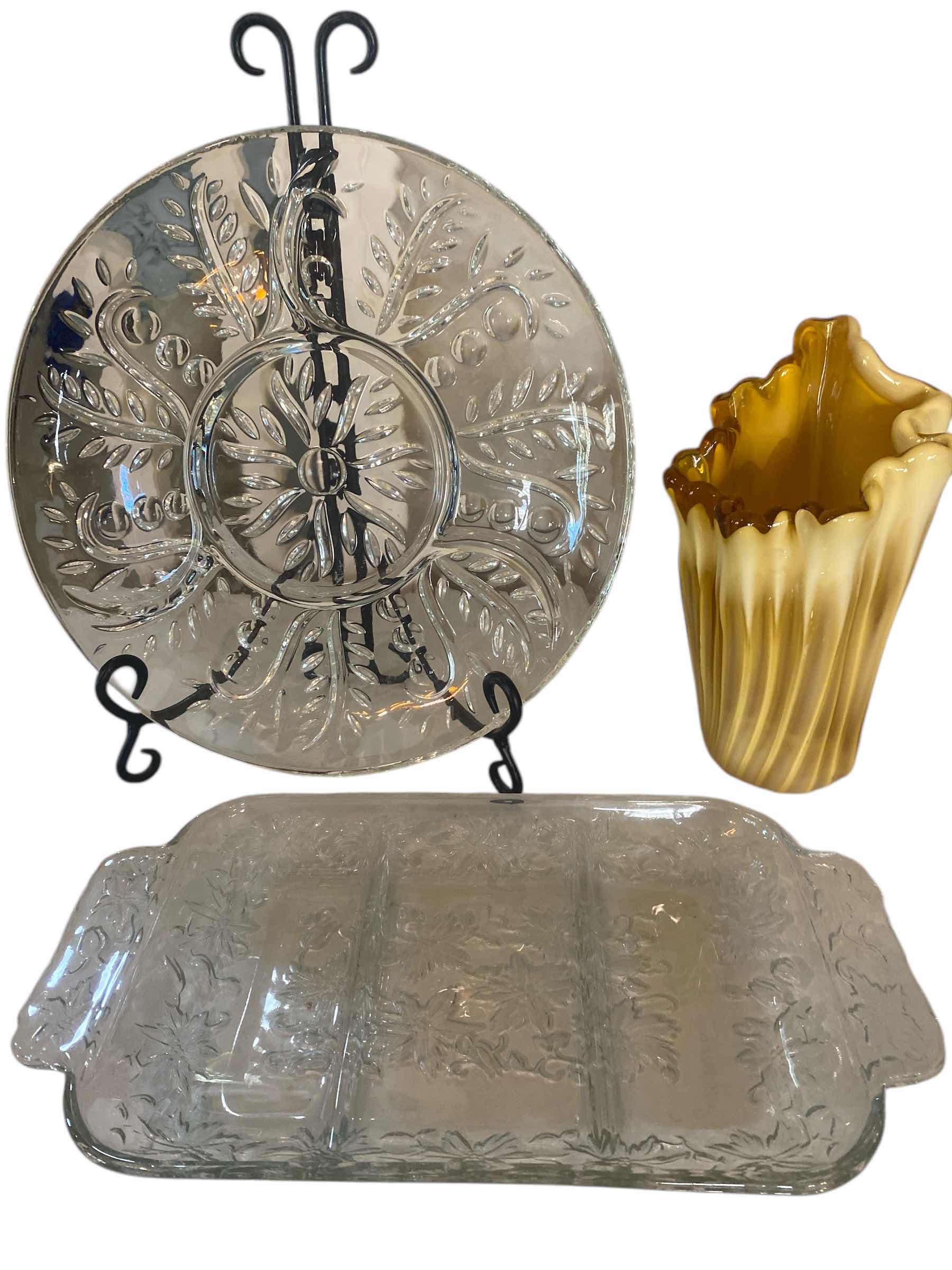 Photo 1 of GLASS SERVE WARE & RUFFLED VASE H8”