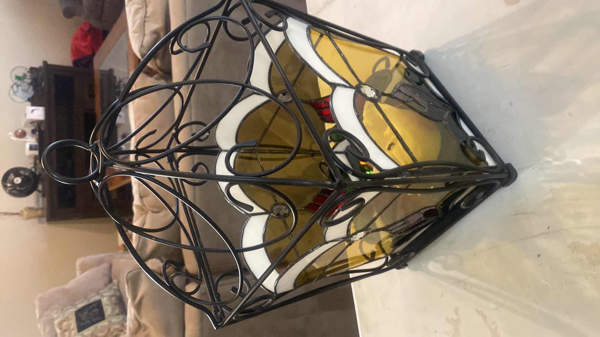 Photo 1 of STAINED GLASS & IRON CANDLE LANTERN 9“ x 9“ H17”