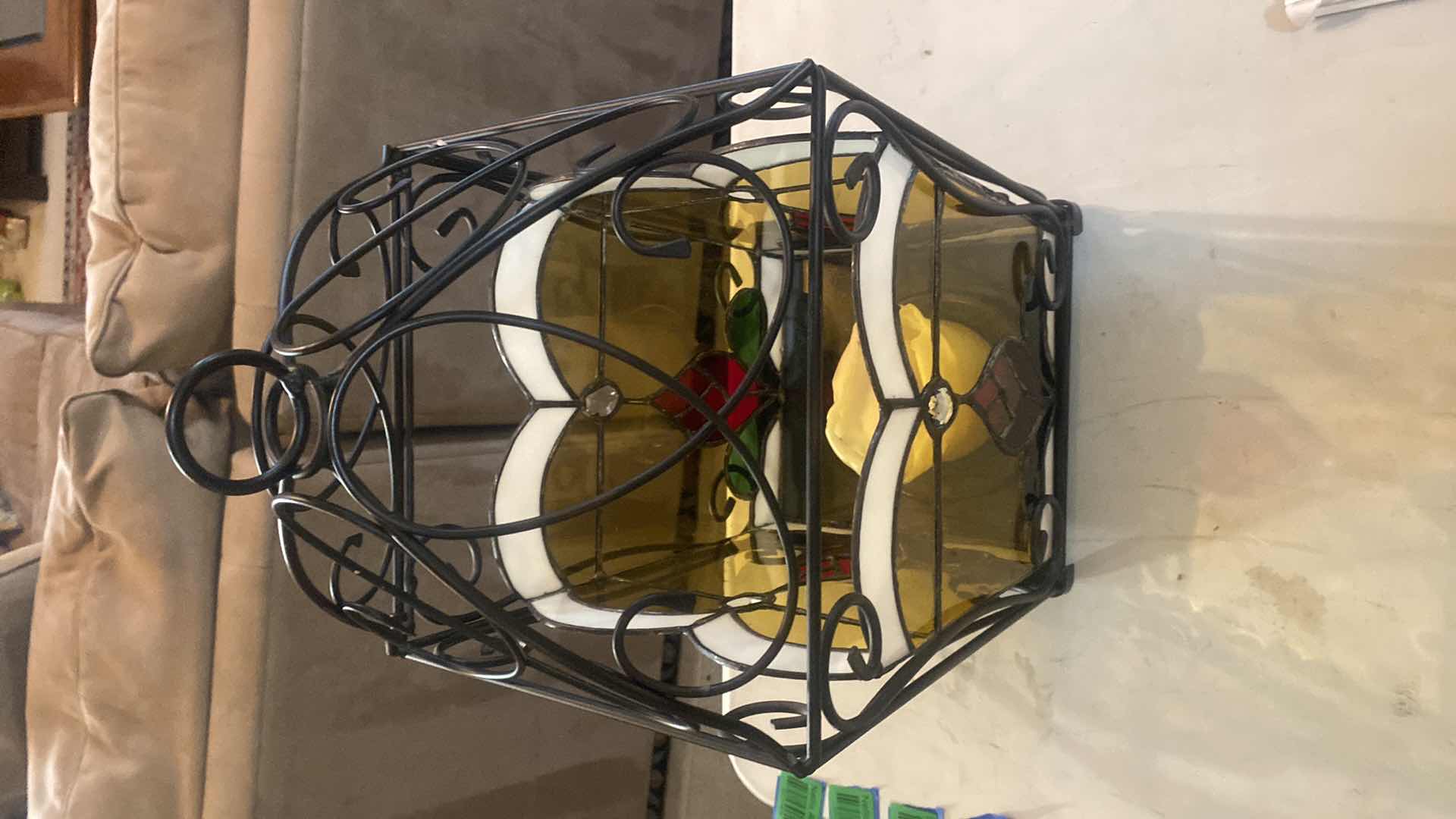 Photo 1 of STAINED GLASS & IRON CANDLE LANTERN 9“ x 9“ H17”