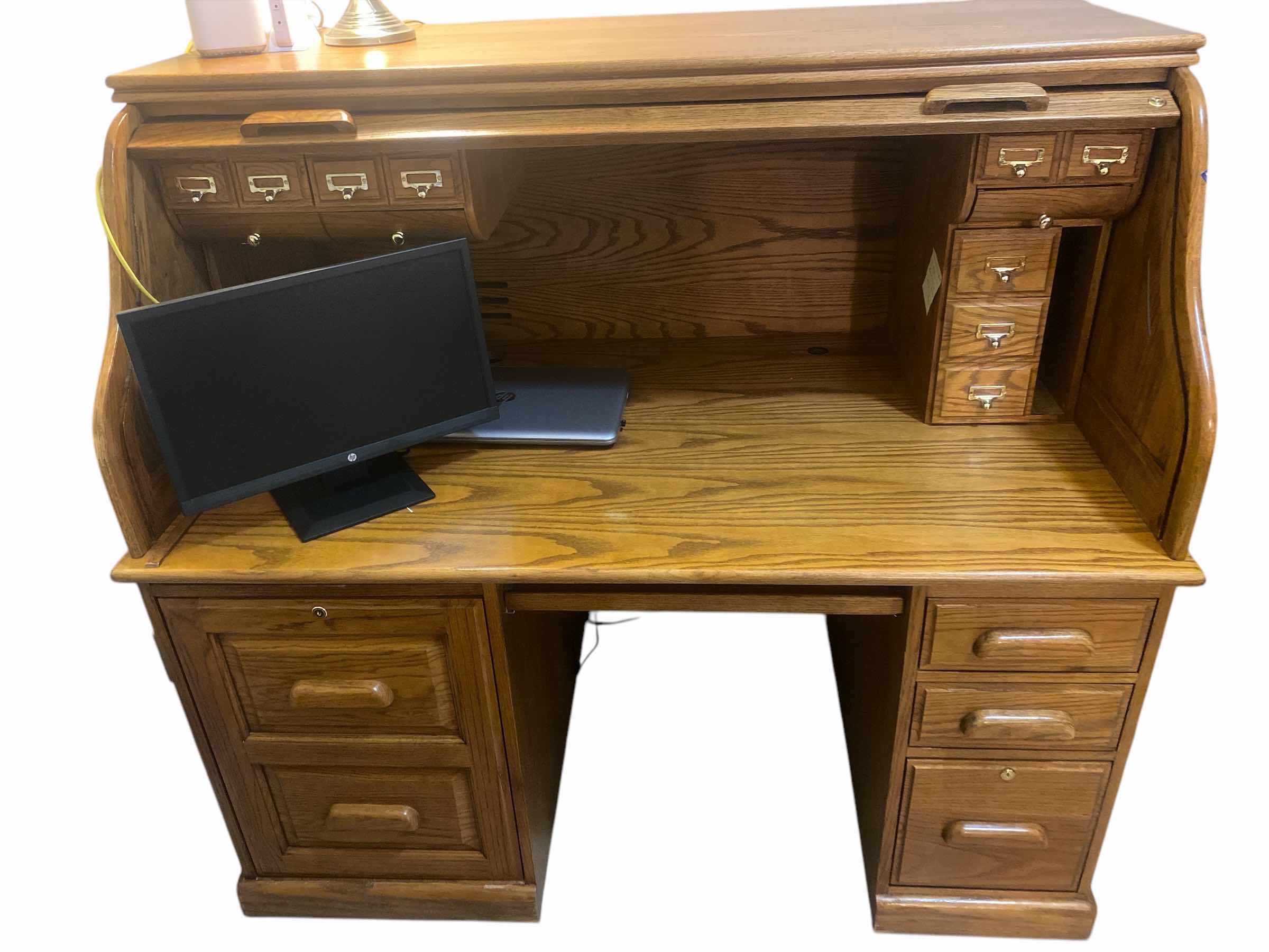 Photo 1 of OAK ROLL TOP DESK 57” x 35” H53” (DESK ONLY COMPUTERS NOT FOR SALE)