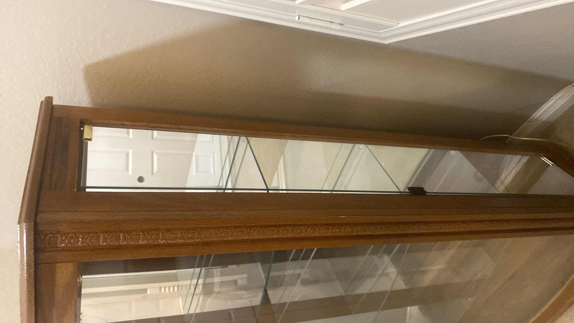 Photo 1 of OAK DISPLAY CABINET WITH 3 GLASS SHELVES & LIGHT 32“ x 15“ H56”