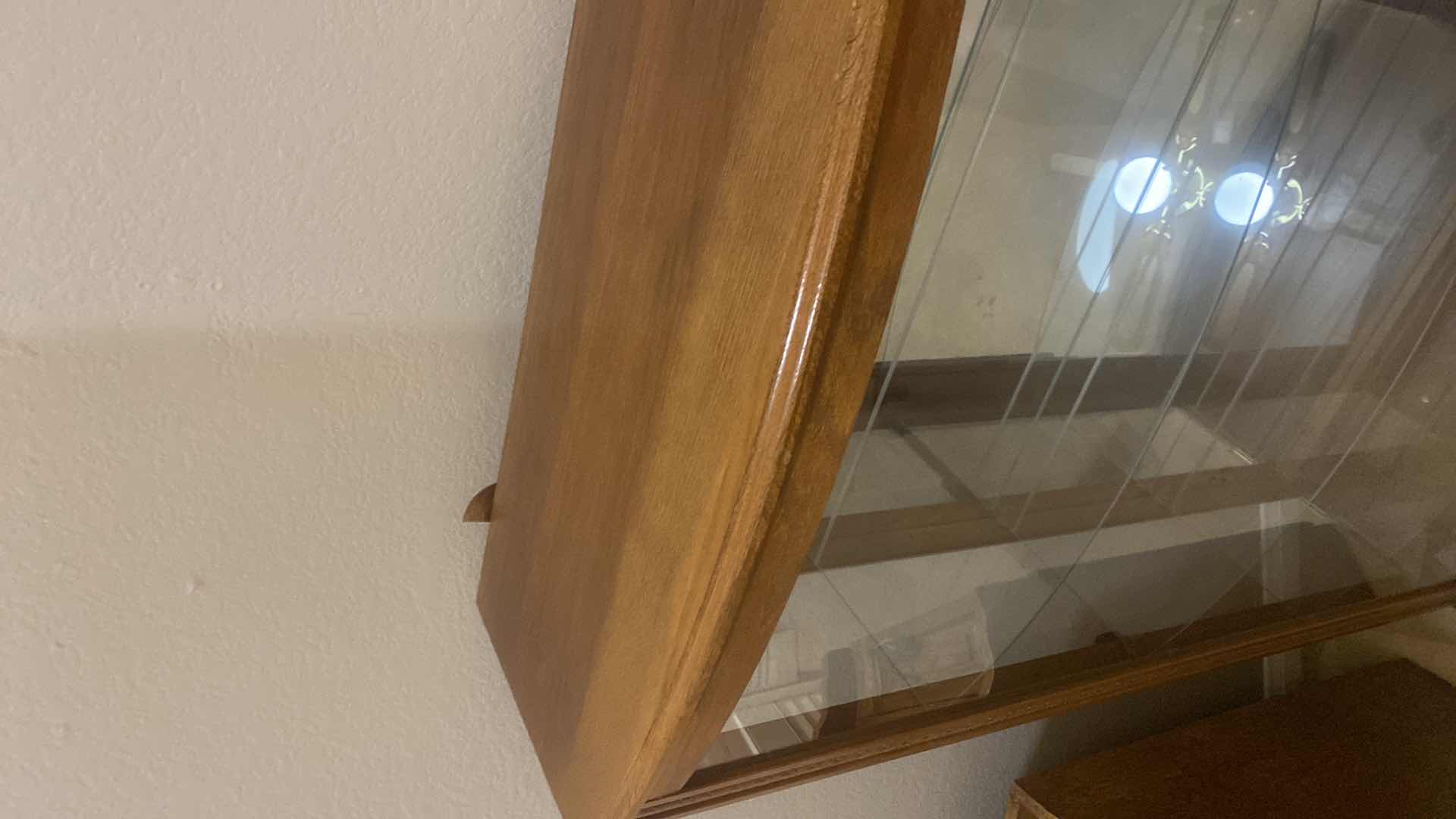 Photo 1 of OAK DISPLAY CABINET WITH 3 GLASS SHELVES & LIGHT 32“ x 15“ H56”