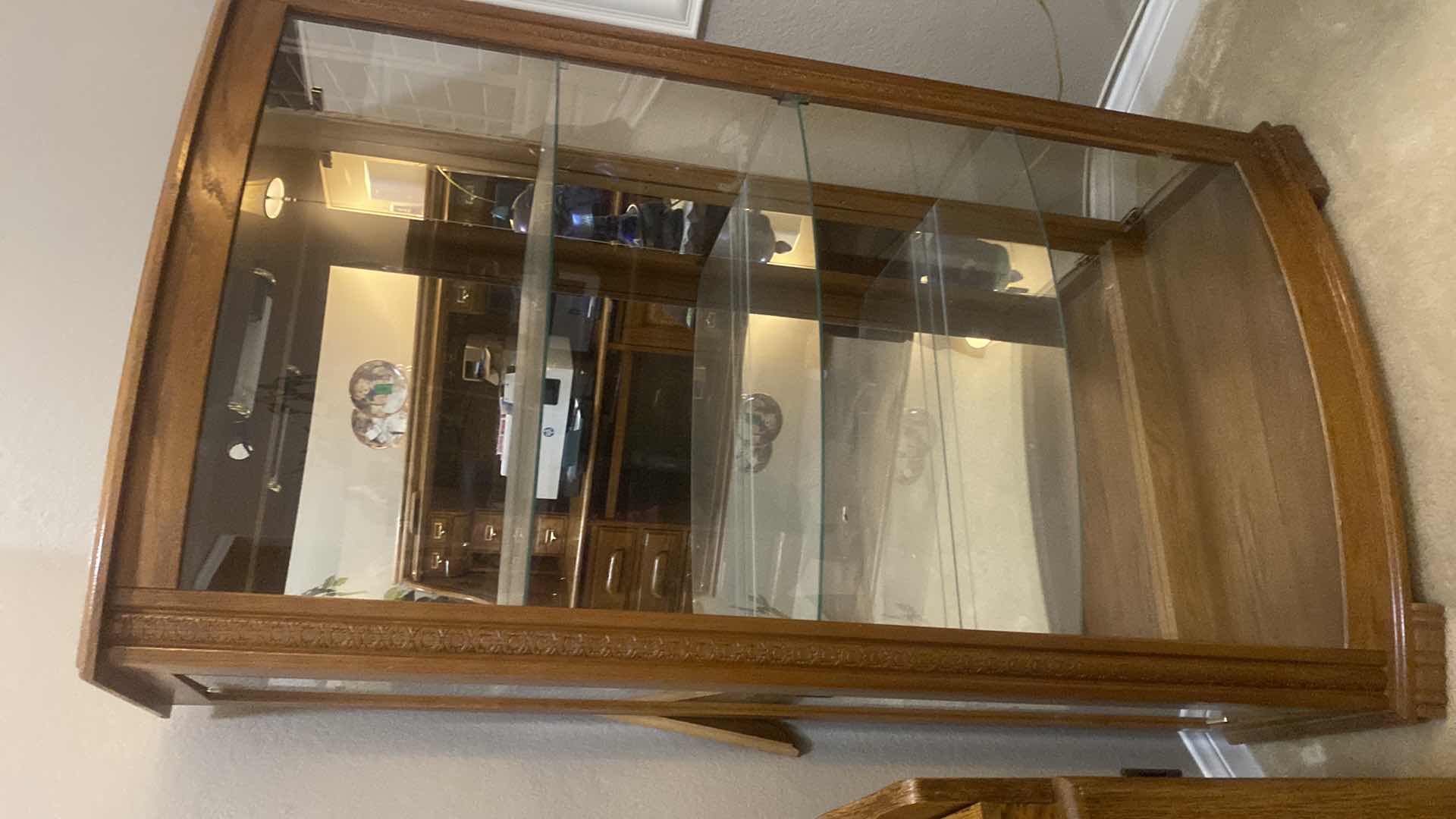 Photo 1 of OAK DISPLAY CABINET WITH 3 GLASS SHELVES & LIGHT 32“ x 15“ H56”
