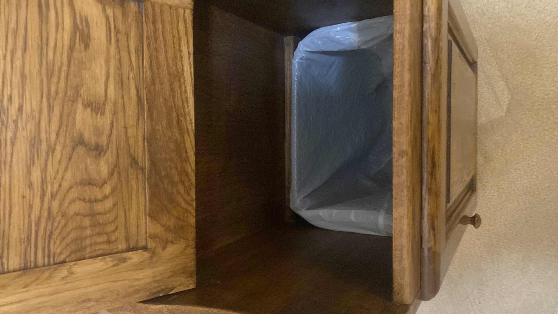 Photo 1 of OAK WASTE RECEPTACLE WITH INTERIOR TRASH CAN 16” x 13” H33”