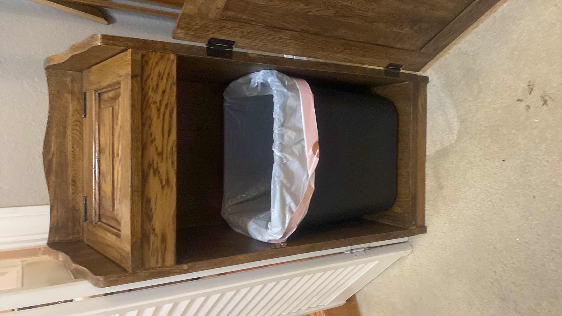 Photo 1 of OAK WASTE RECEPTACLE WITH INTERIOR TRASH CAN 16” x 13” H33”