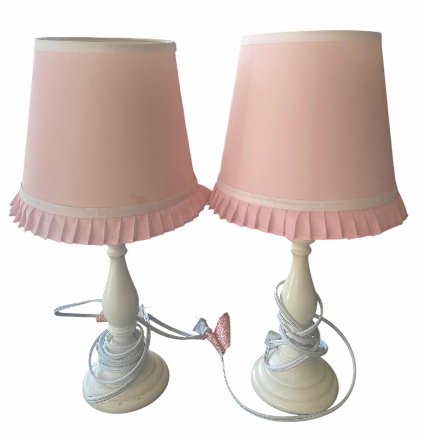 Photo 1 of PAIR OF WHITE WOOD WITH PINK SHADES BEDROOM LAMPS H18”
