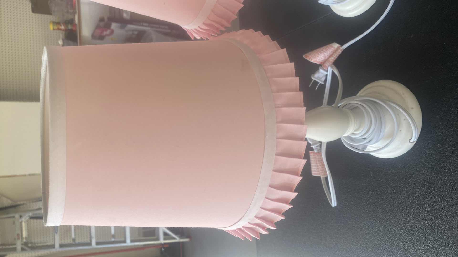 Photo 1 of PAIR OF WHITE WOOD WITH PINK SHADES BEDROOM LAMPS H18”