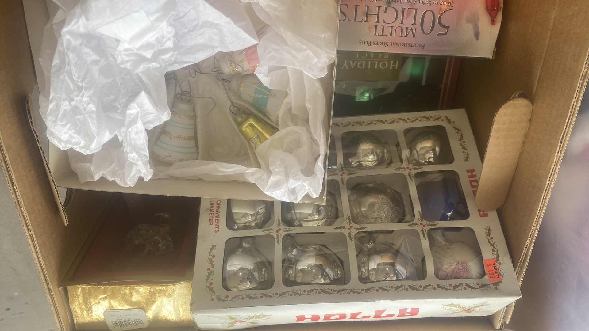 Photo 1 of TOTE & 2 BOXES CHRISTMAS ORNAMENTS - SEE PICTURES
