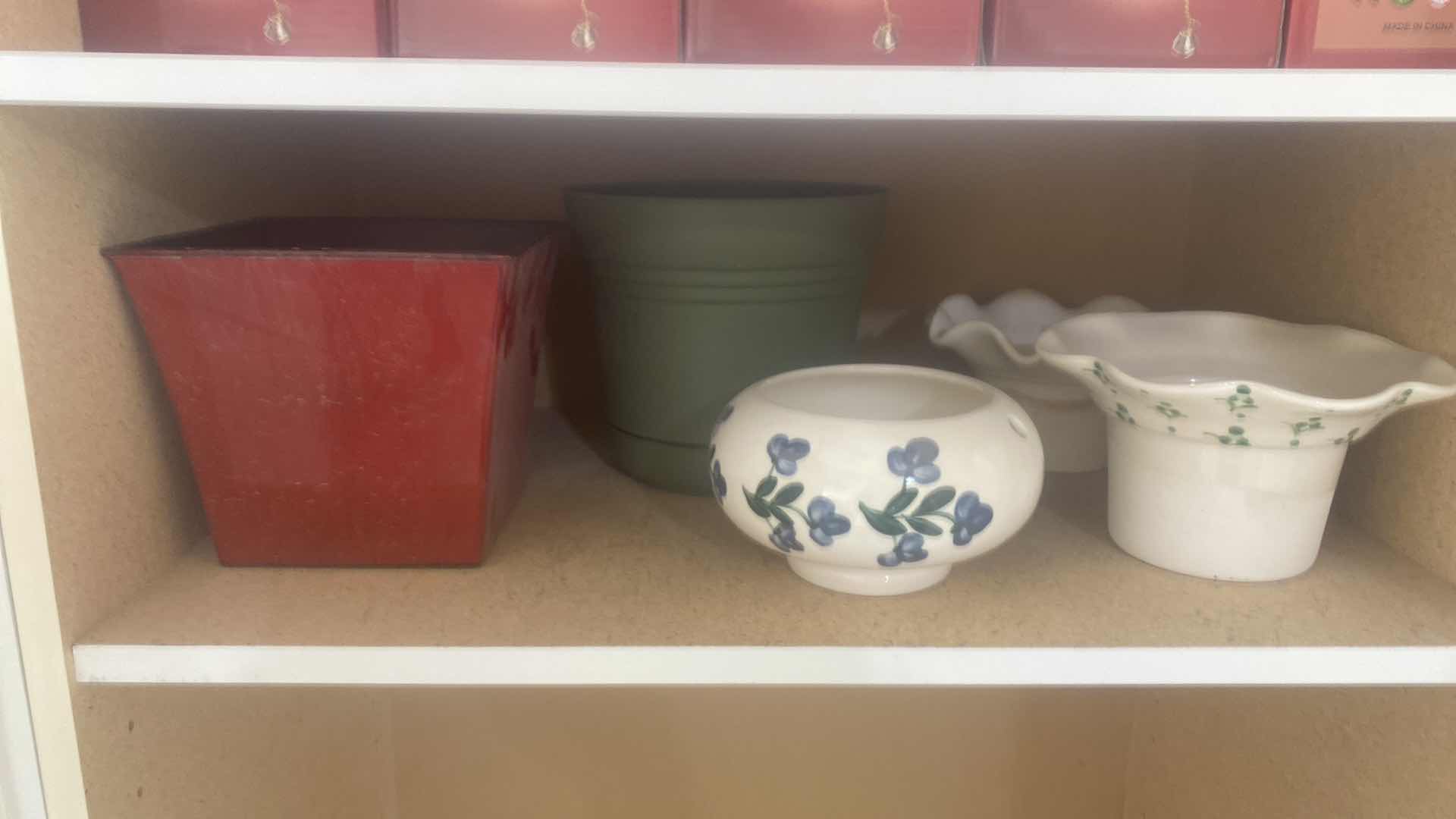 Photo 1 of CONTENTS OF GARAGE CABINET - CHRISTMAS ORNAMENTS CERAMIC POTS PLASTIC POTS & WATERING CAN