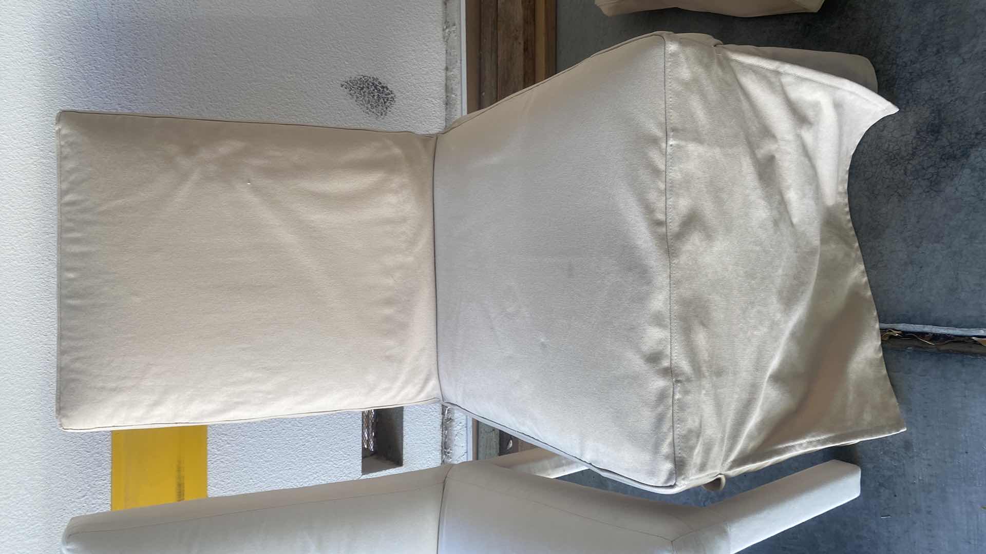 Photo 1 of PAIR OF WHITE PARSONS CHAIRS WITH BEIGE CANVAS COVERS FROM CRATE & BARRELL