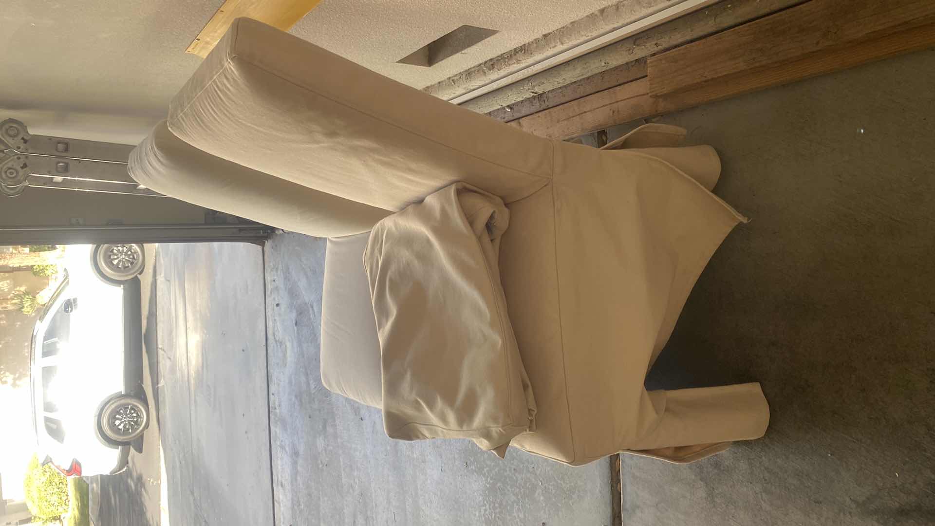 Photo 1 of PAIR OF WHITE PARSONS CHAIRS WITH BEIGE CANVAS COVERS FROM CRATE & BARRELL