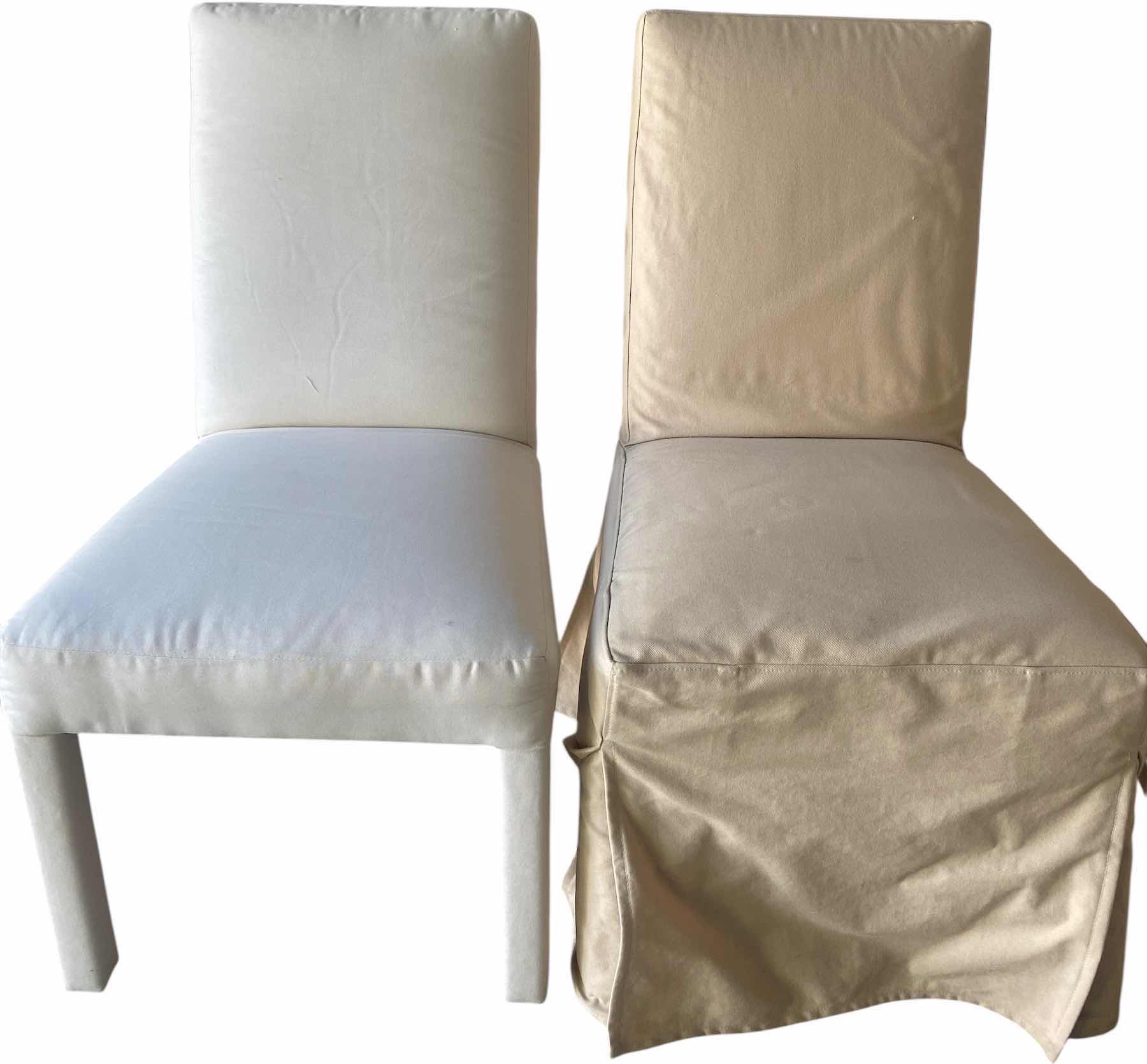 Photo 1 of PAIR OF WHITE PARSONS CHAIRS WITH BEIGE CANVAS COVERS FROM CRATE & BARRELL
